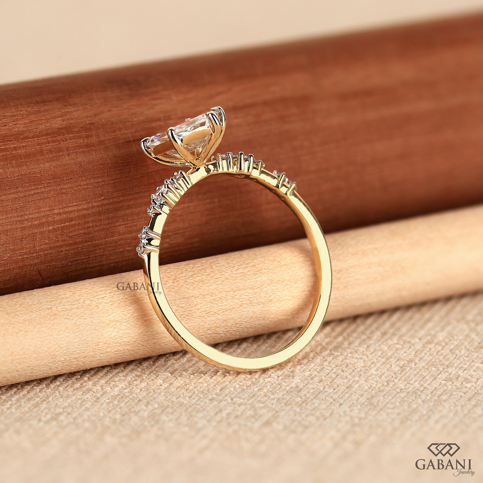 Yellow gold engagement ring with hexagon lab grown diamond and slim band