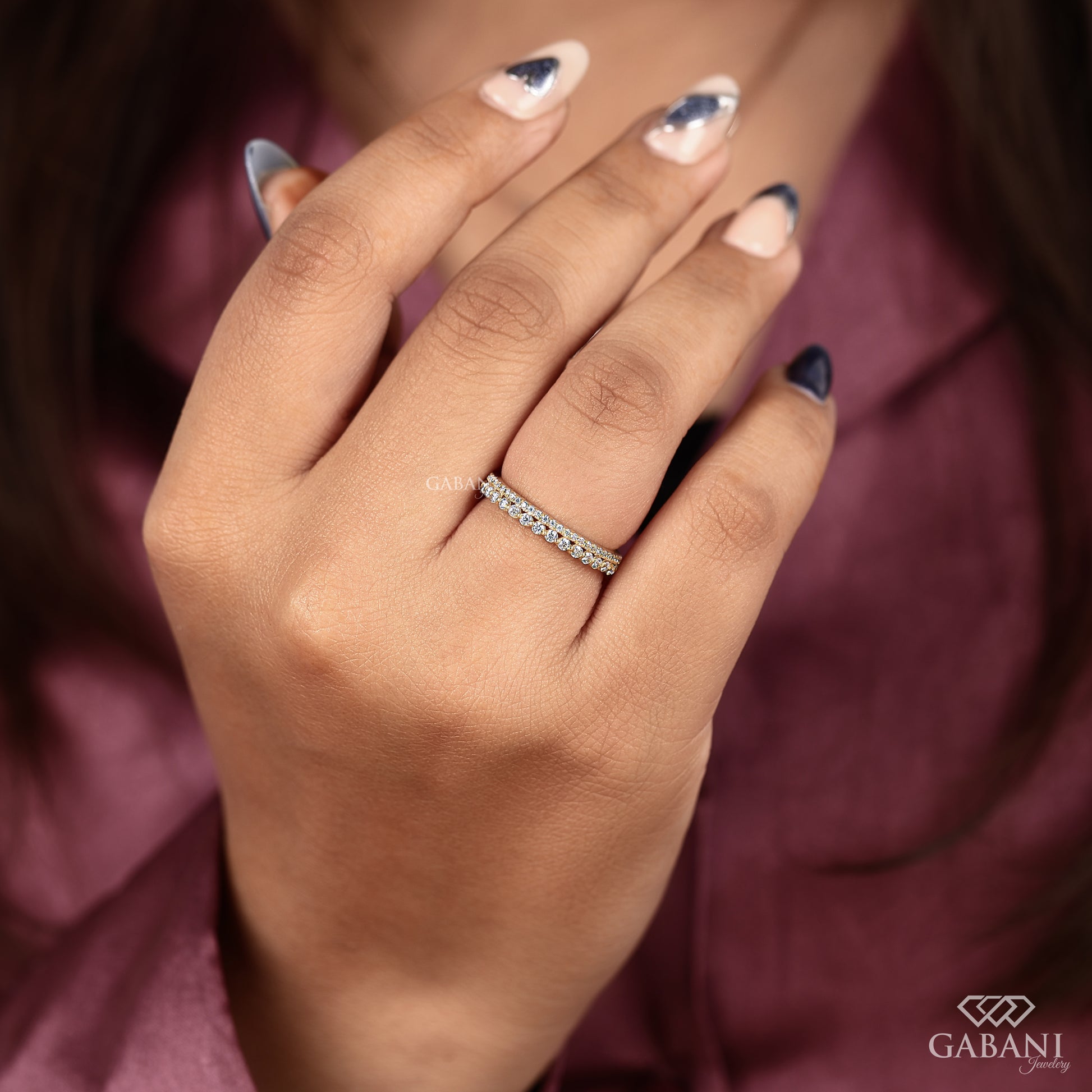 minimal double row diamond band crafted in yellow gold with lab grown diamonds designed for stacking with solitaire rings