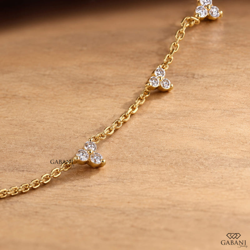 18K Yellow Gold Three Stone Floral Cluster Lab Grown Diamond Station Necklace