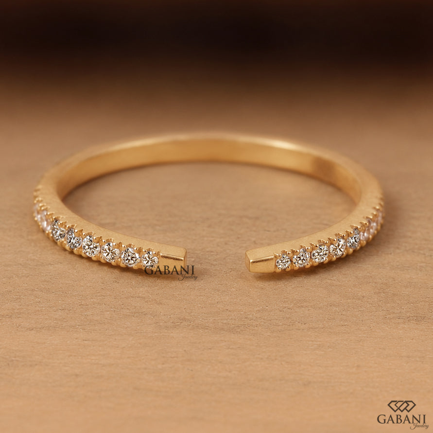 Round Lab Grown Diamond Open Cuff Ring Dainty Diamond Band in 18K Yellow Gold