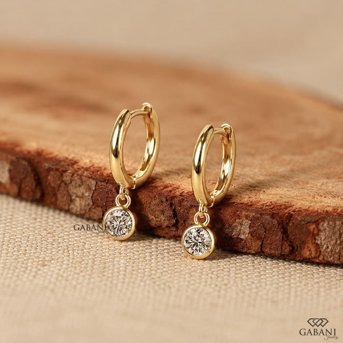 Round Diamond Bezel Drop Huggie Hoop Earrings in Yellow Gold