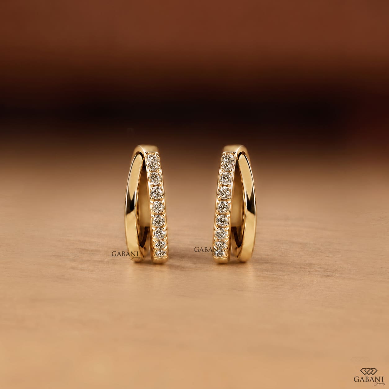 Round Cut Diamond Double Row Hoop Earrings in Yellow Gold