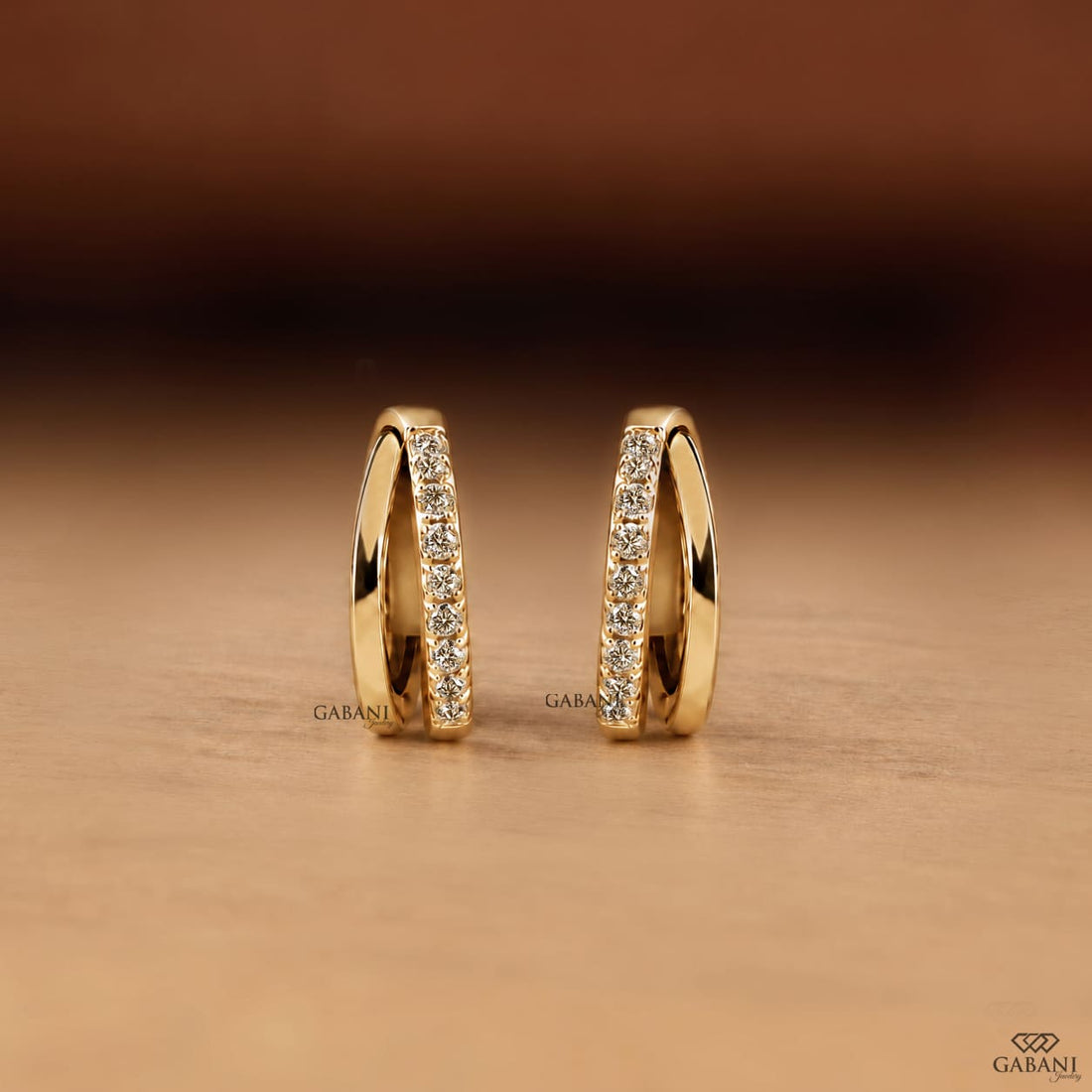 Round Cut Diamond Double Row Hoop Earrings in Yellow Gold