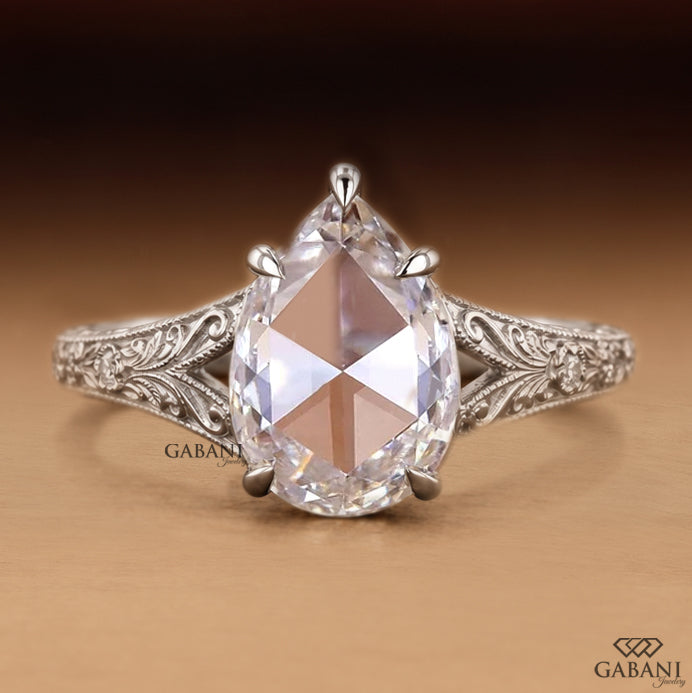 Pear Rose Cut Lab Grown Diamond Engagement Ring, Vintage Engraved Split Shank Ring