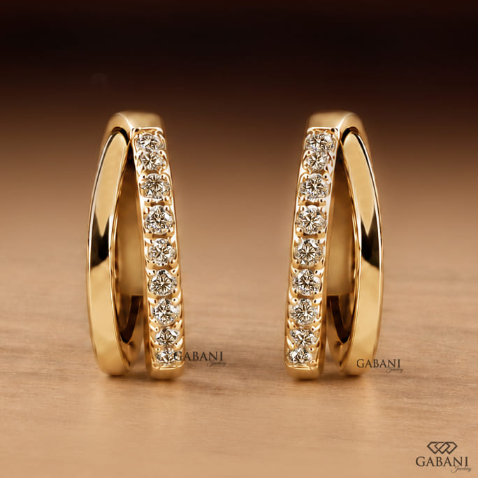 Round Cut Diamond Double Row Hoop Earrings in Yellow Gold