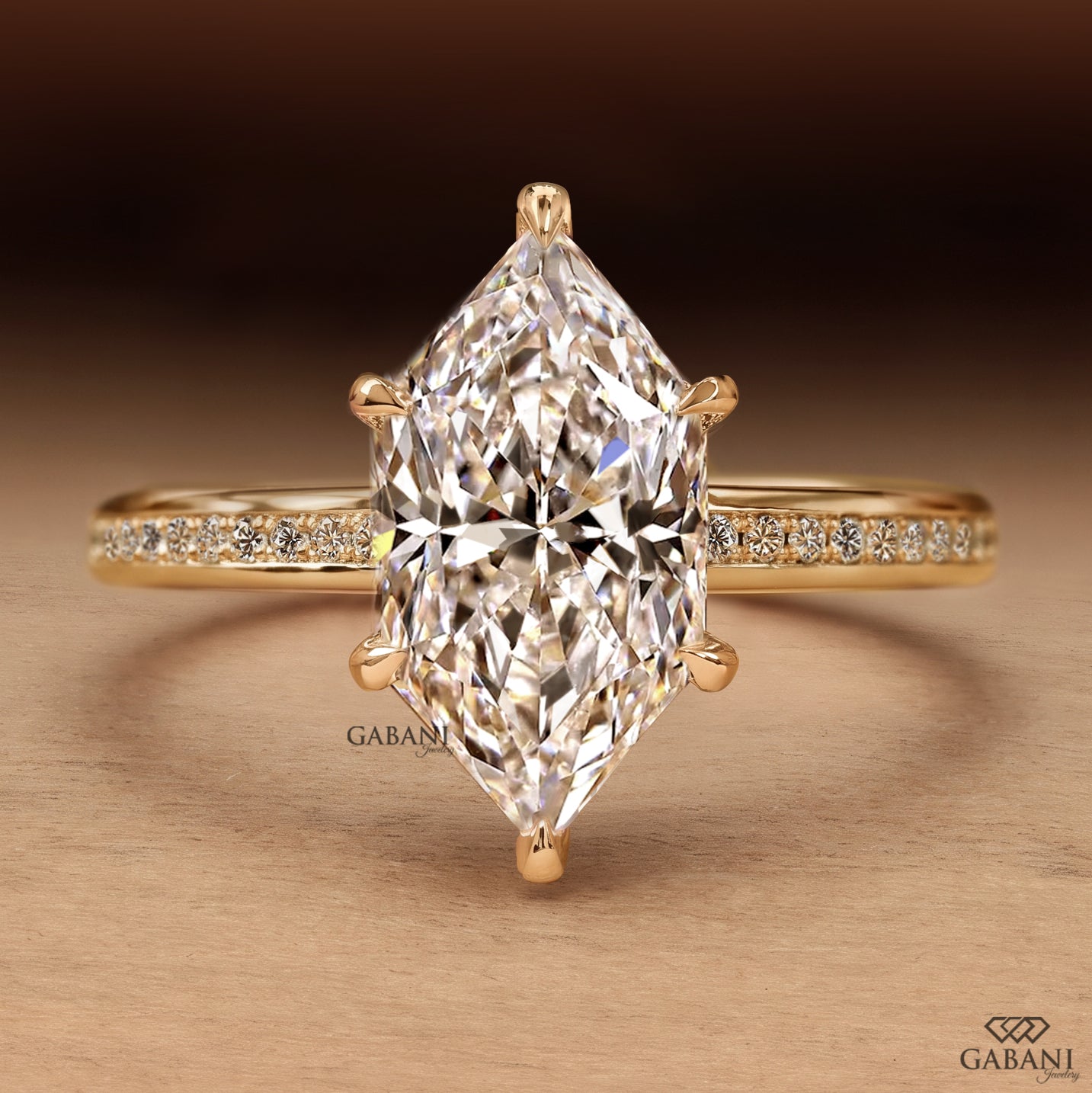 Marquise Cut Lab Grown Diamond Pavé Engagement Ring in Yellow Gold