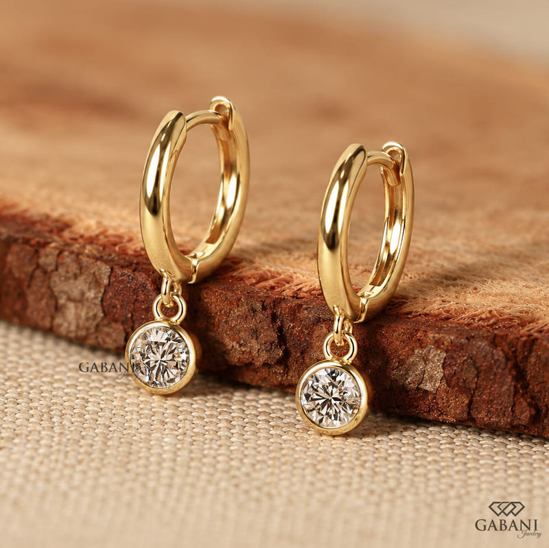 Round Diamond Bezel Drop Huggie Hoop Earrings in Yellow Gold