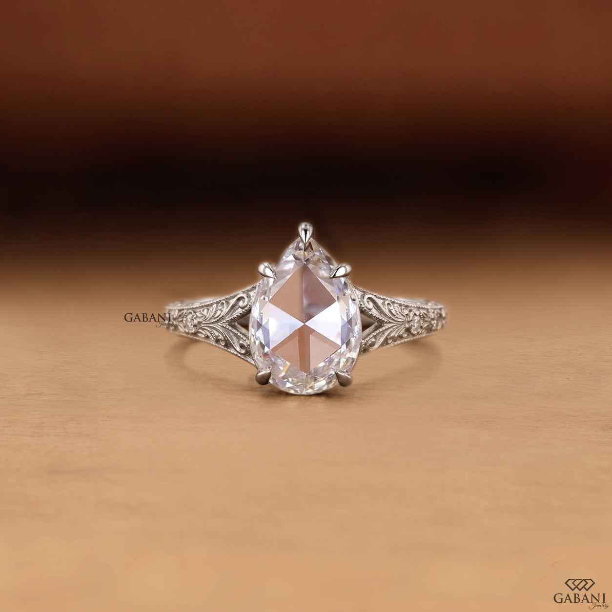 Pear Rose Cut Lab Grown Diamond Engagement Ring, Vintage Engraved Split Shank Ring