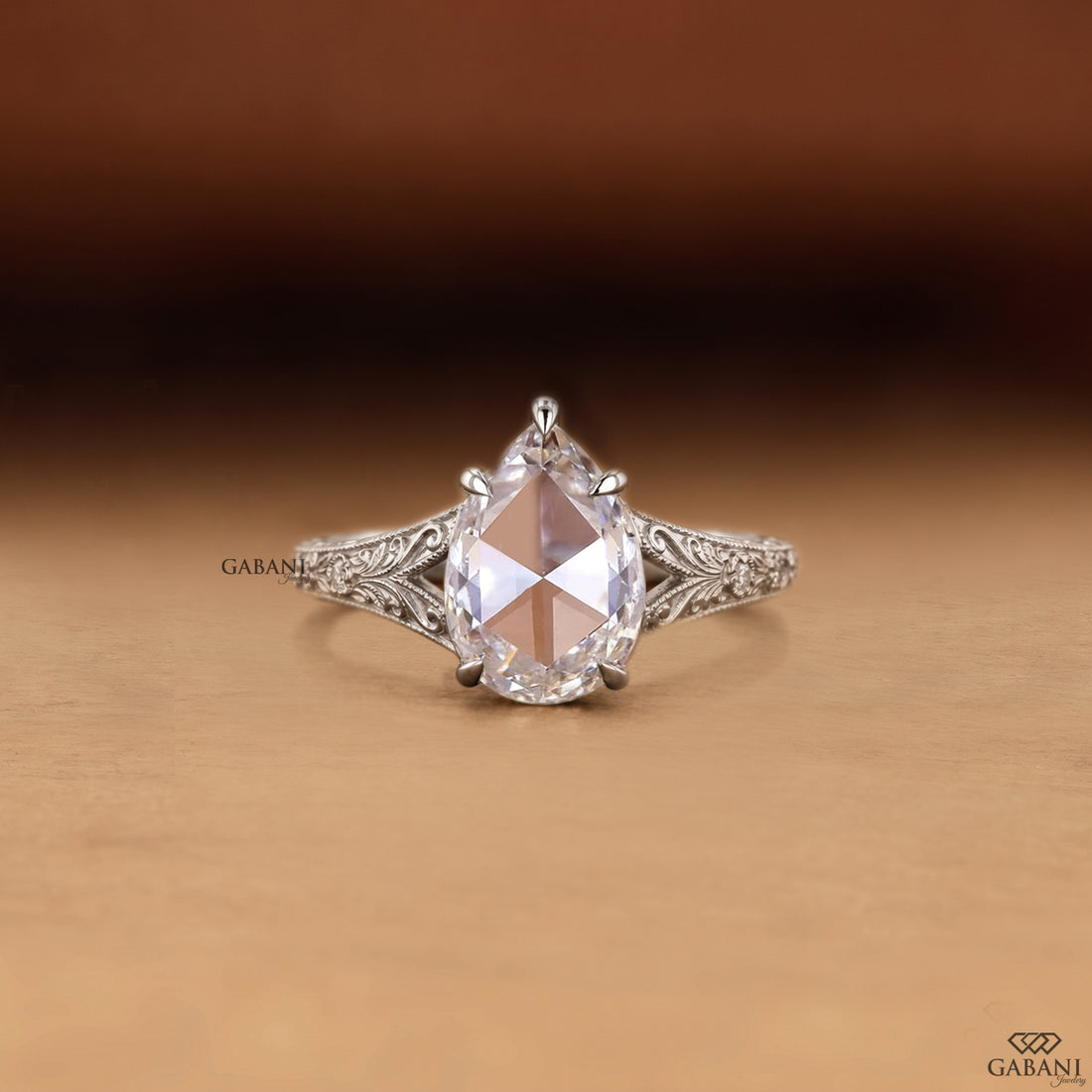 Pear Rose Cut Lab Grown Diamond Engagement Ring, Vintage Engraved Split Shank Ring