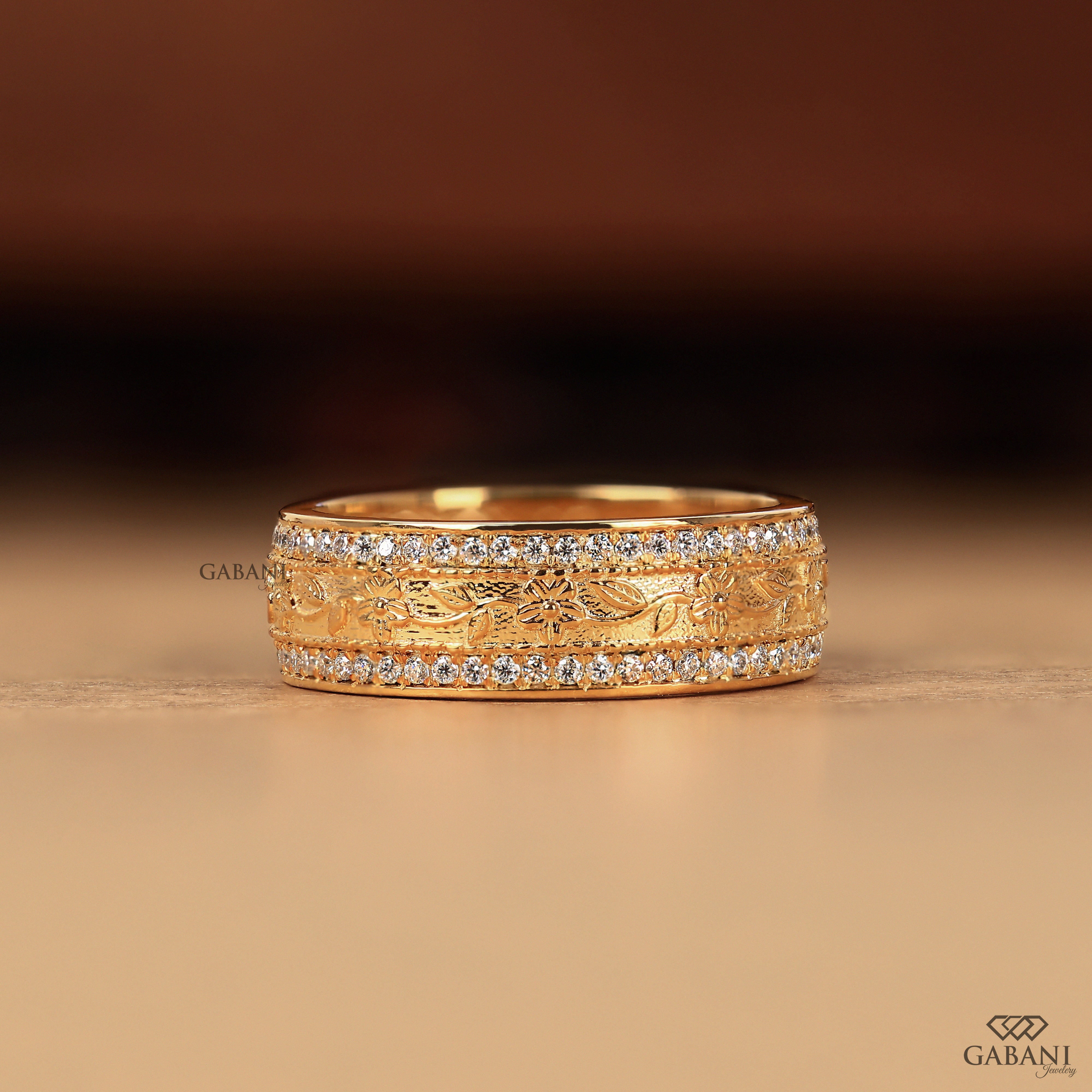 Round Cut Lab Grown Diamond Floral Engraved Wedding Band