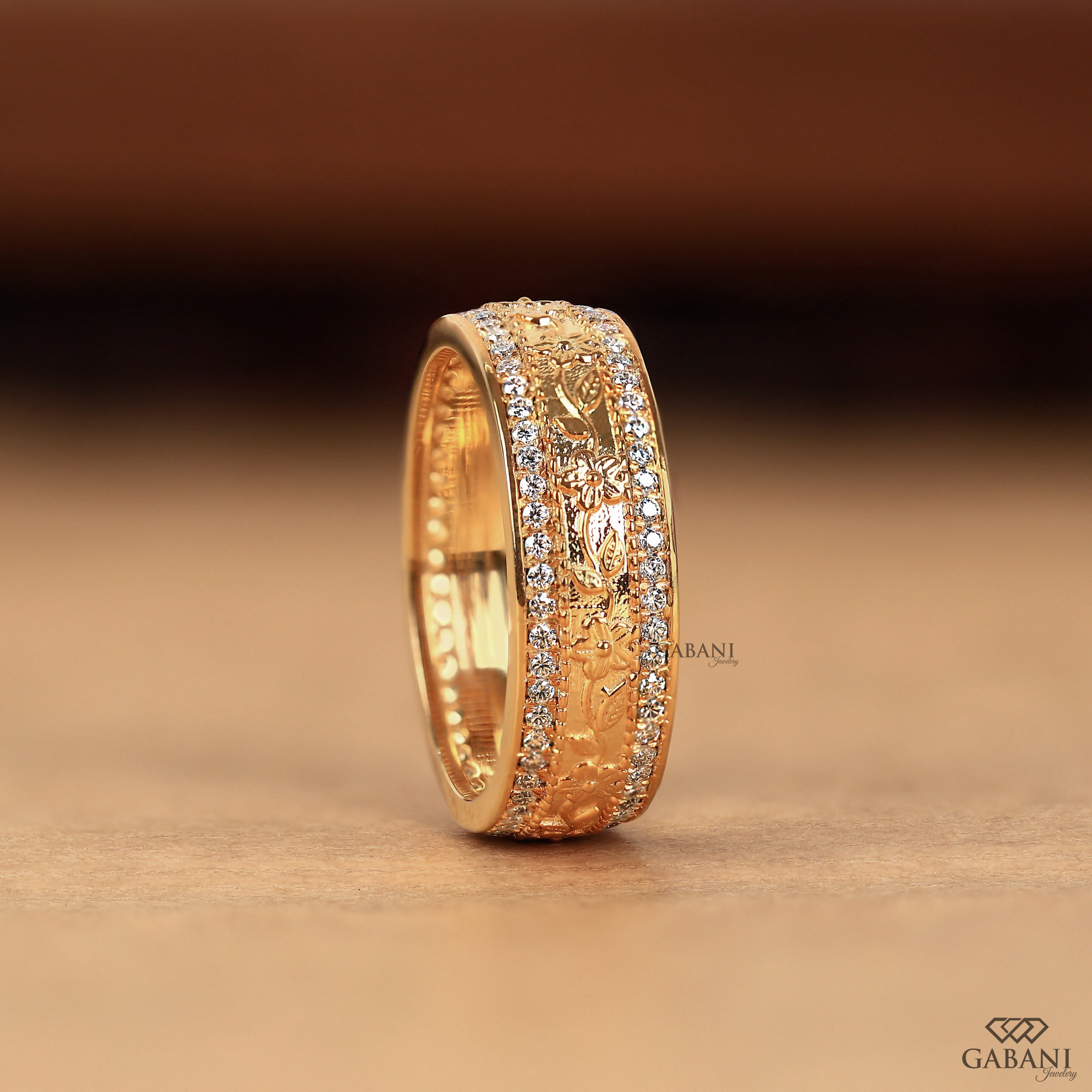 Round Cut Lab Grown Diamond Floral Engraved Wedding Band