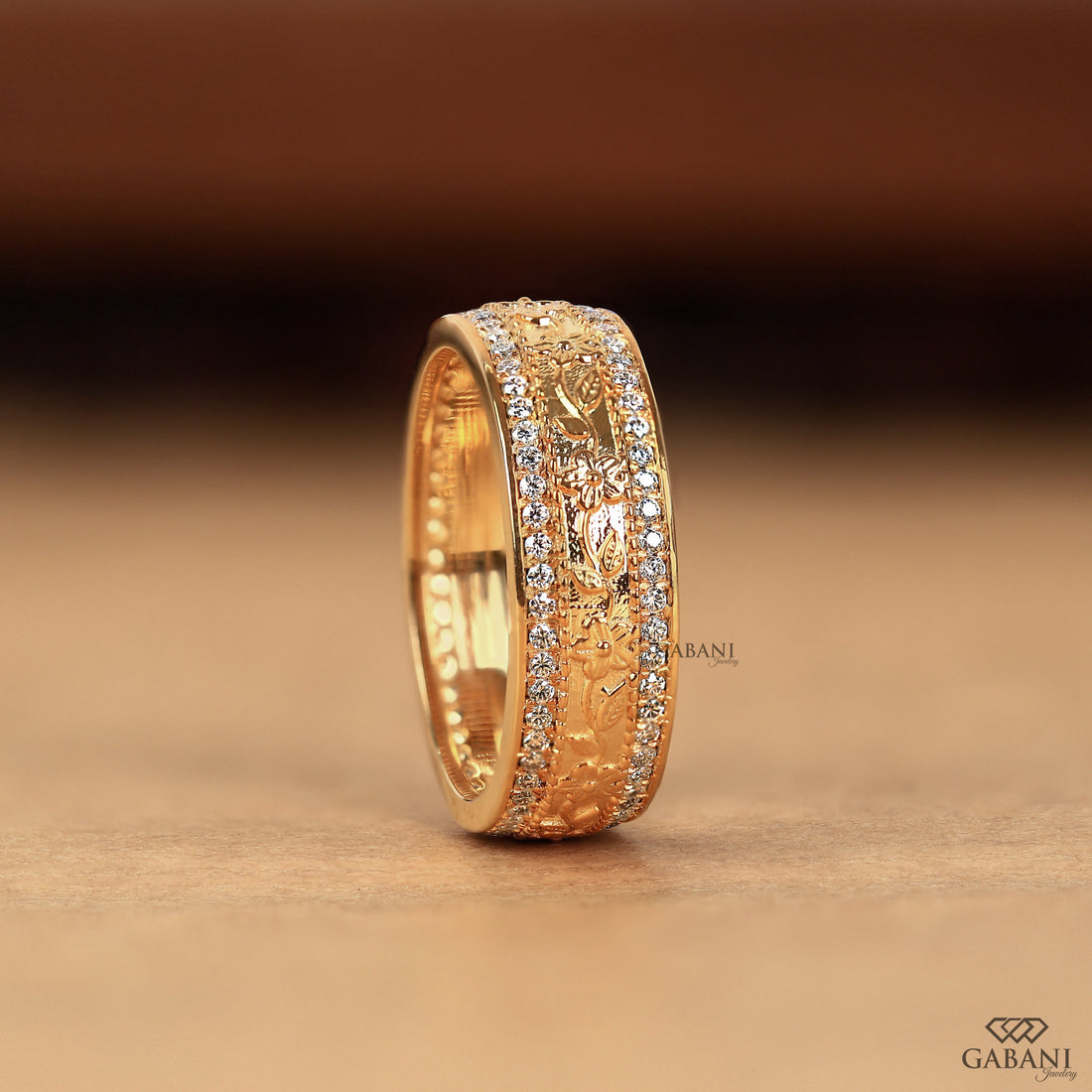 Round Cut Lab Grown Diamond Floral Engraved Wedding Band
