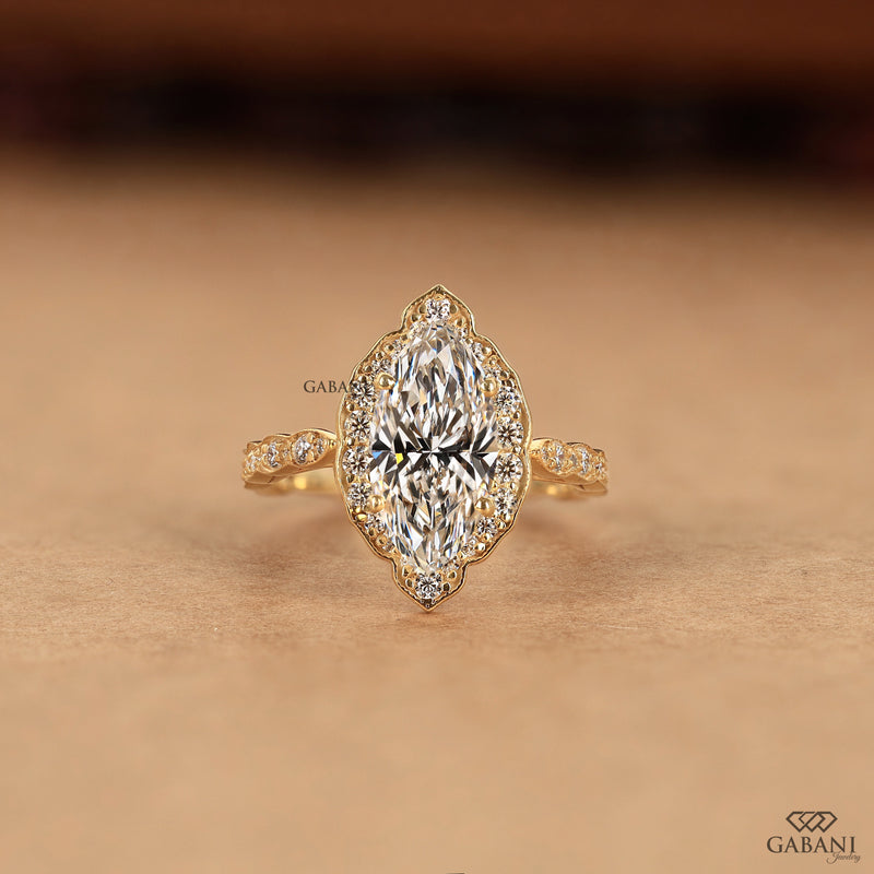 Marquise Cut Lab Grown Diamond Halo Engagement Ring with Pave Band