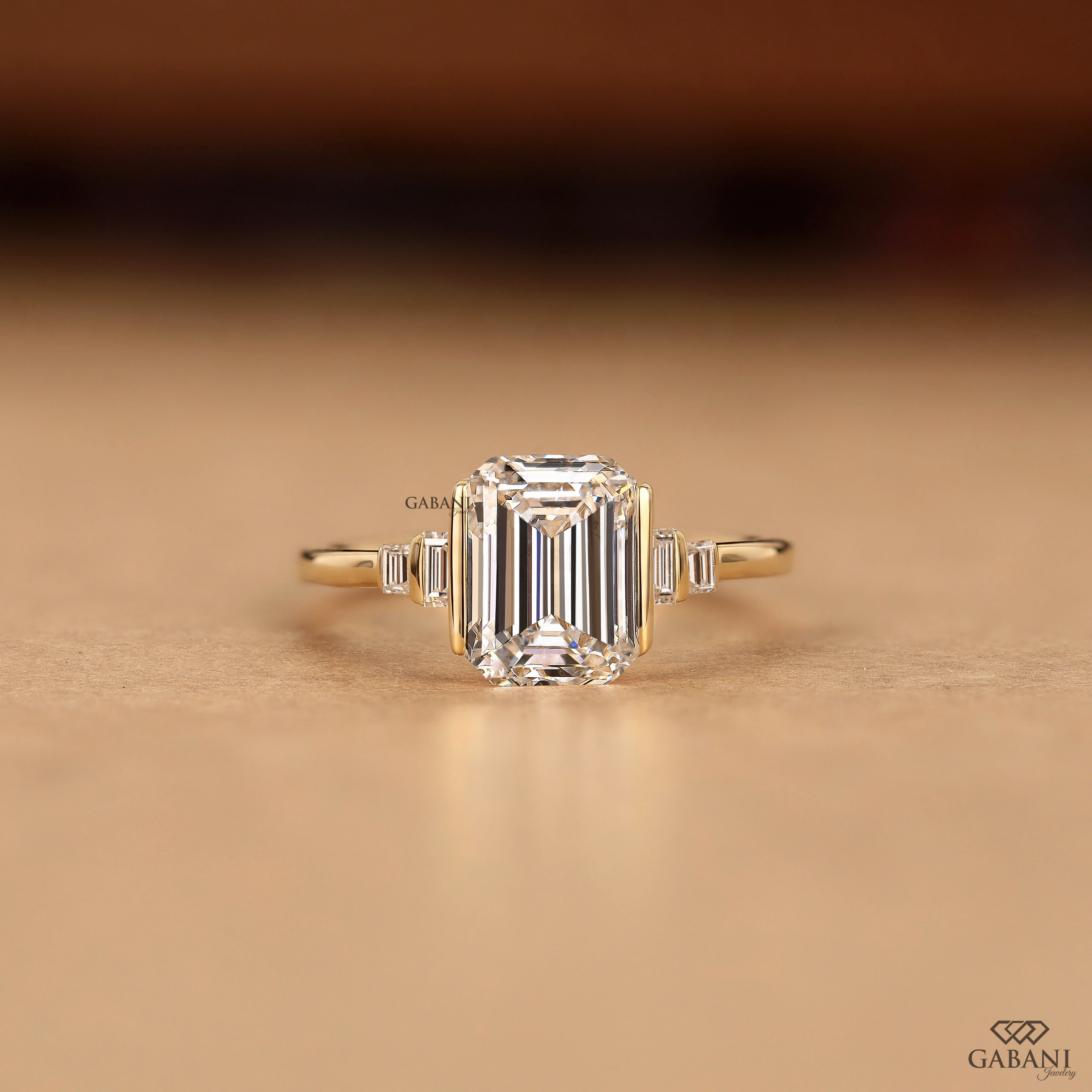 Emerald Cut Lab Grown Diamond Engagement Ring, Baguette Side Stone Solitaire Bridal Ring
