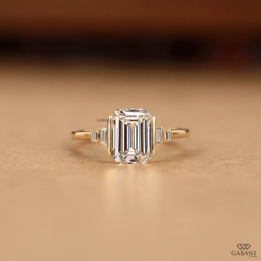 Emerald Cut Lab Grown Diamond Engagement Ring, Baguette Side Stone Solitaire Bridal Ring