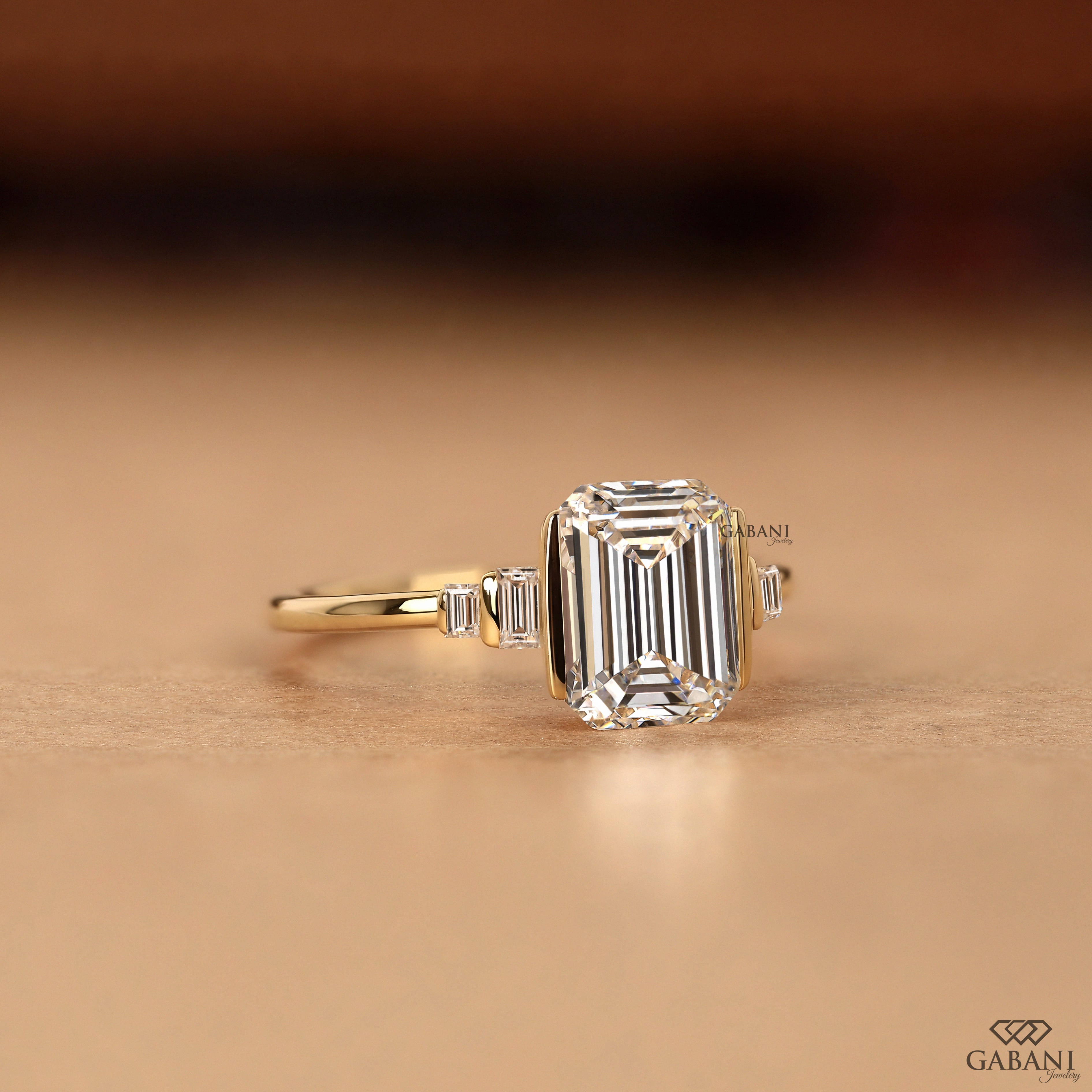Emerald Cut Lab Grown Diamond Engagement Ring, Baguette Side Stone Solitaire Bridal Ring