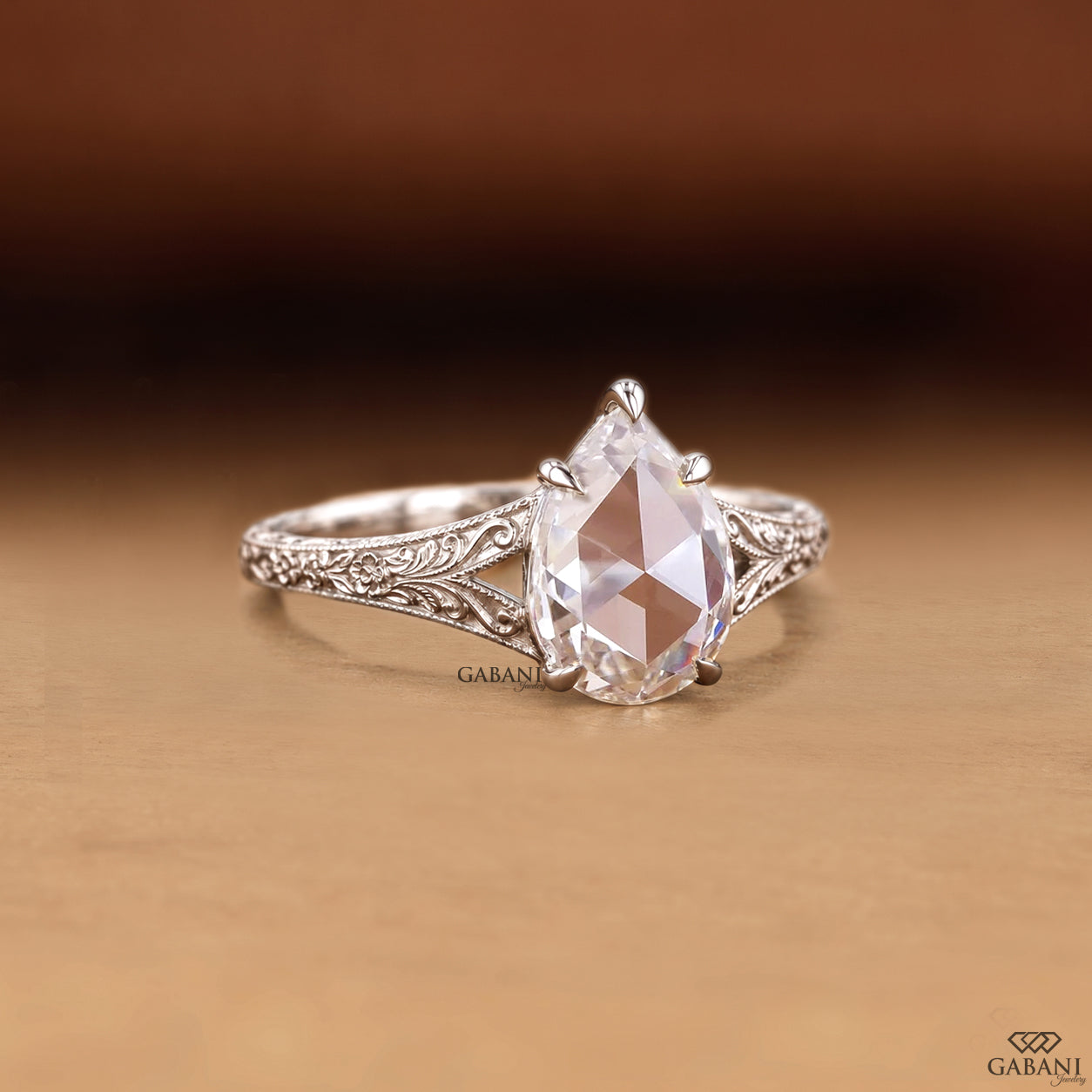 Pear Rose Cut Lab Grown Diamond Engagement Ring, Vintage Engraved Split Shank Ring
