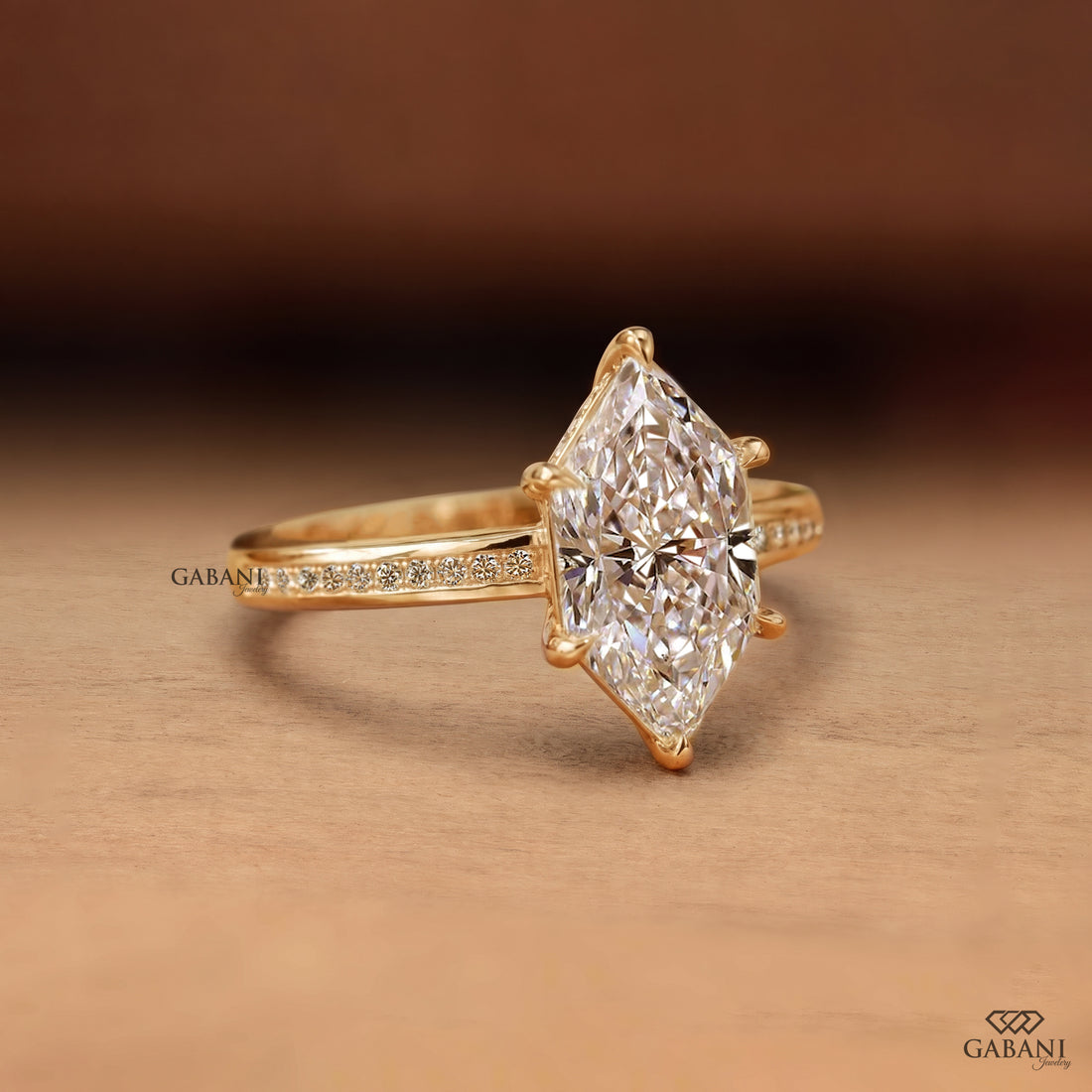 Marquise Cut Lab Grown Diamond Pavé Engagement Ring in Yellow Gold