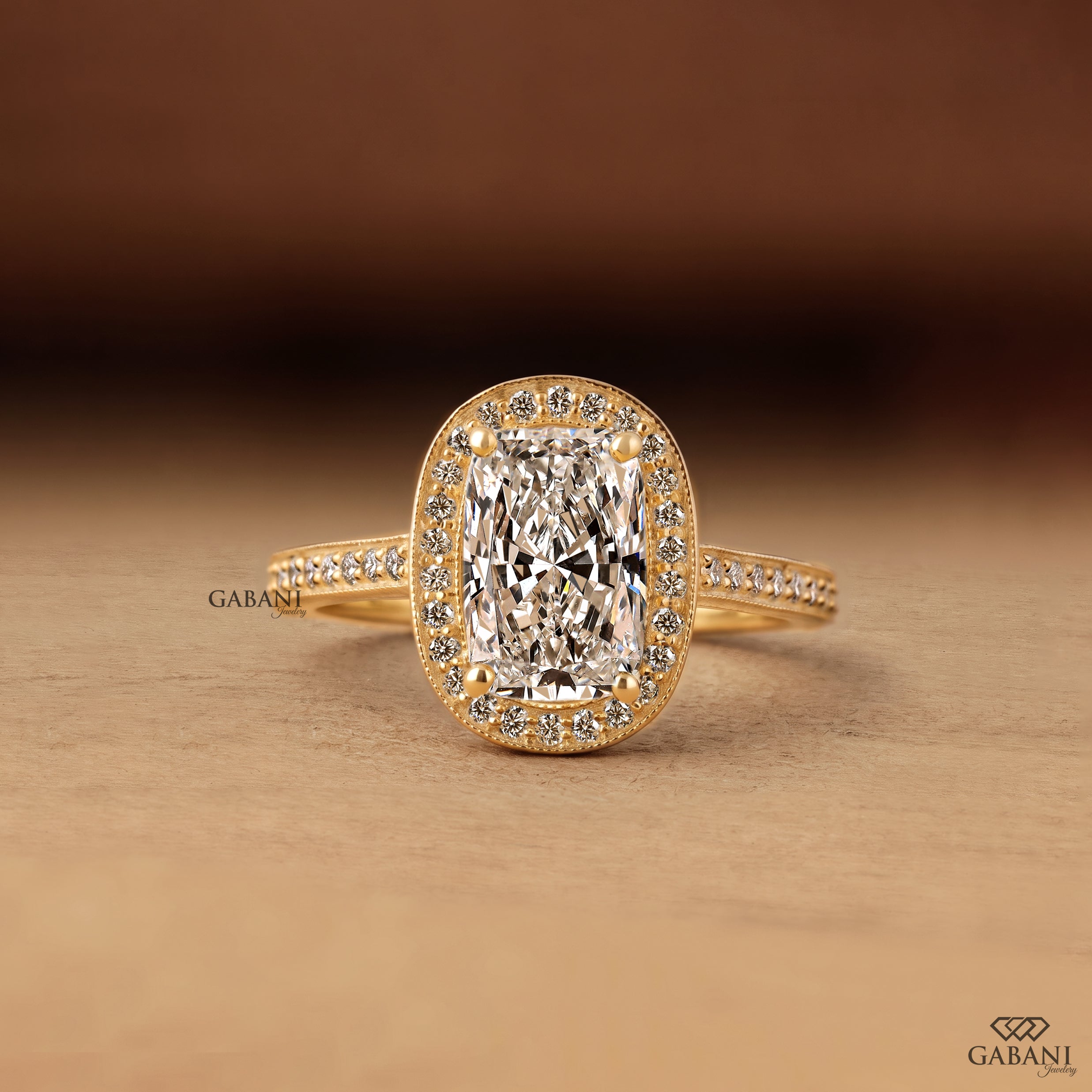 Cushion Cut Lab Grown Diamond Halo Engagement Ring, 14K Yellow Gold Bridal Ring