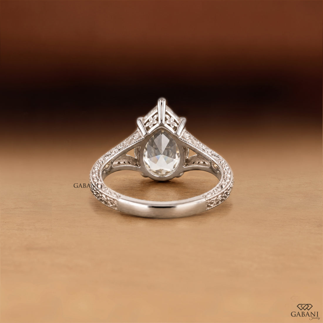 Pear Rose Cut Lab Grown Diamond Engagement Ring, Vintage Engraved Split Shank Ring