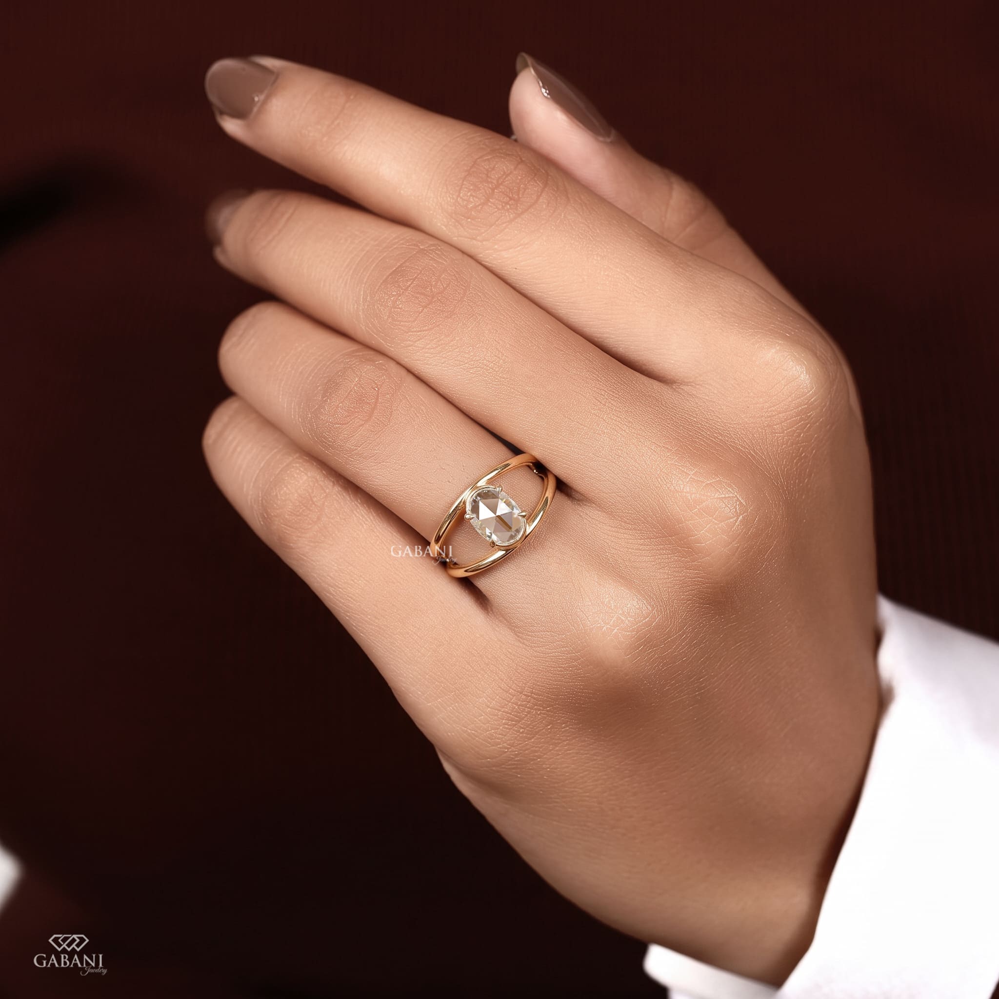 Oval Rose Cut Lab Grown Diamond Split Shank Engagement Ring in Yellow Gold