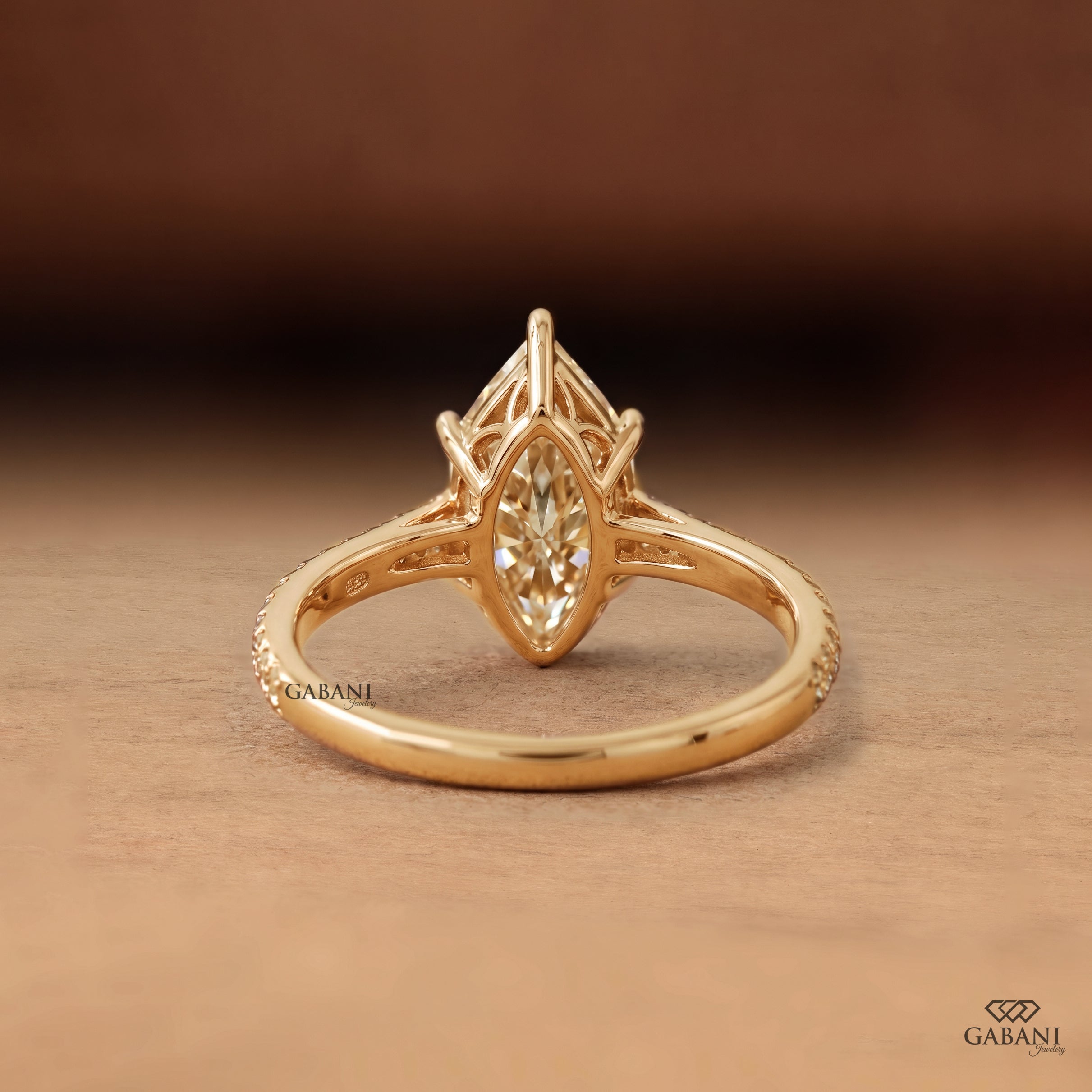 Marquise Cut Lab Grown Diamond Pavé Engagement Ring in Yellow Gold
