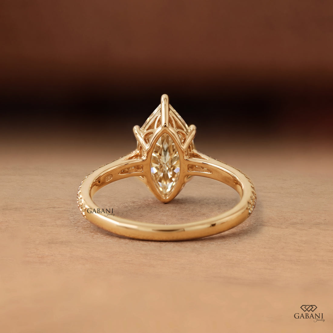 Marquise Cut Lab Grown Diamond Pavé Engagement Ring in Yellow Gold