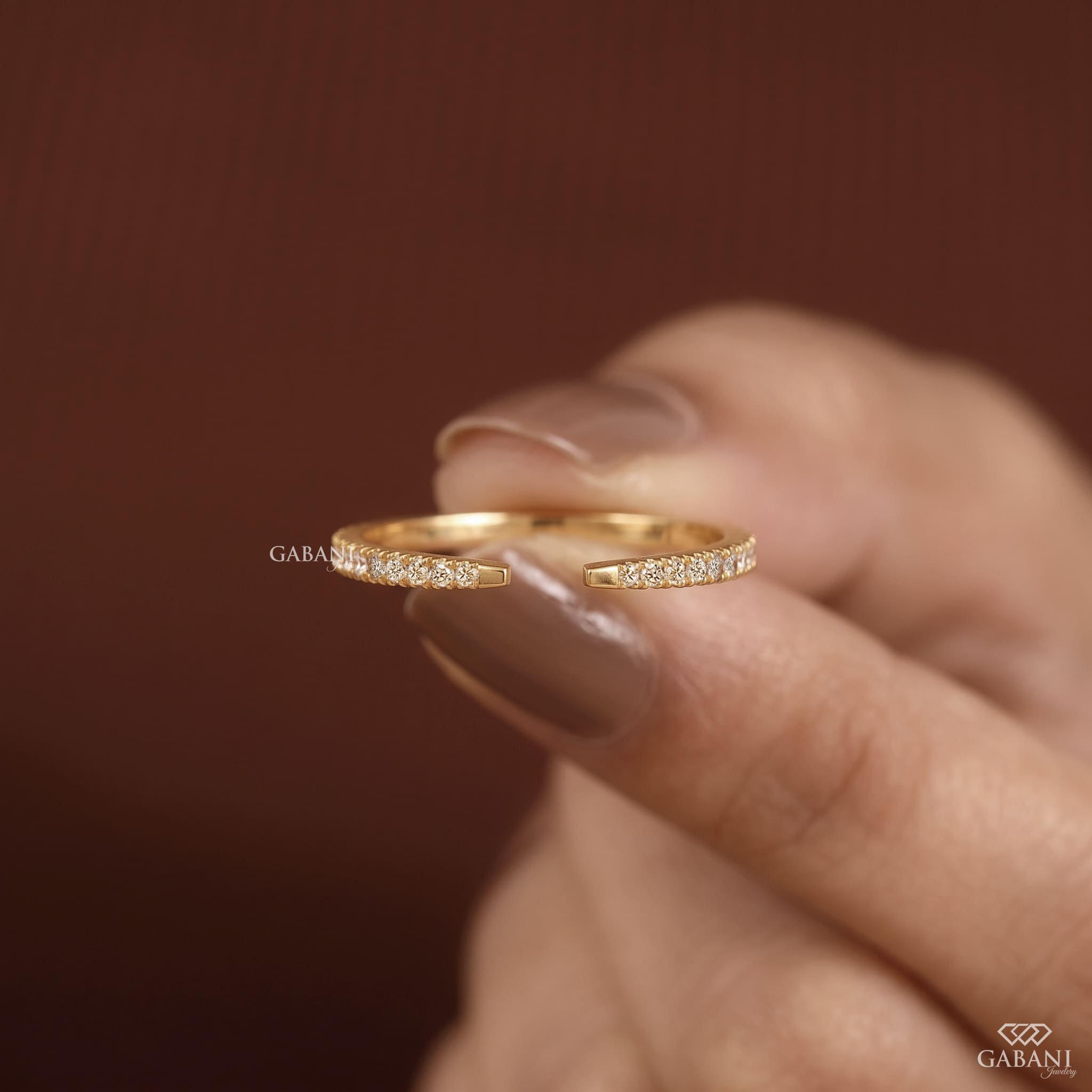 Round Lab Grown Diamond Open Cuff Ring Dainty Diamond Band in 18K Yellow Gold