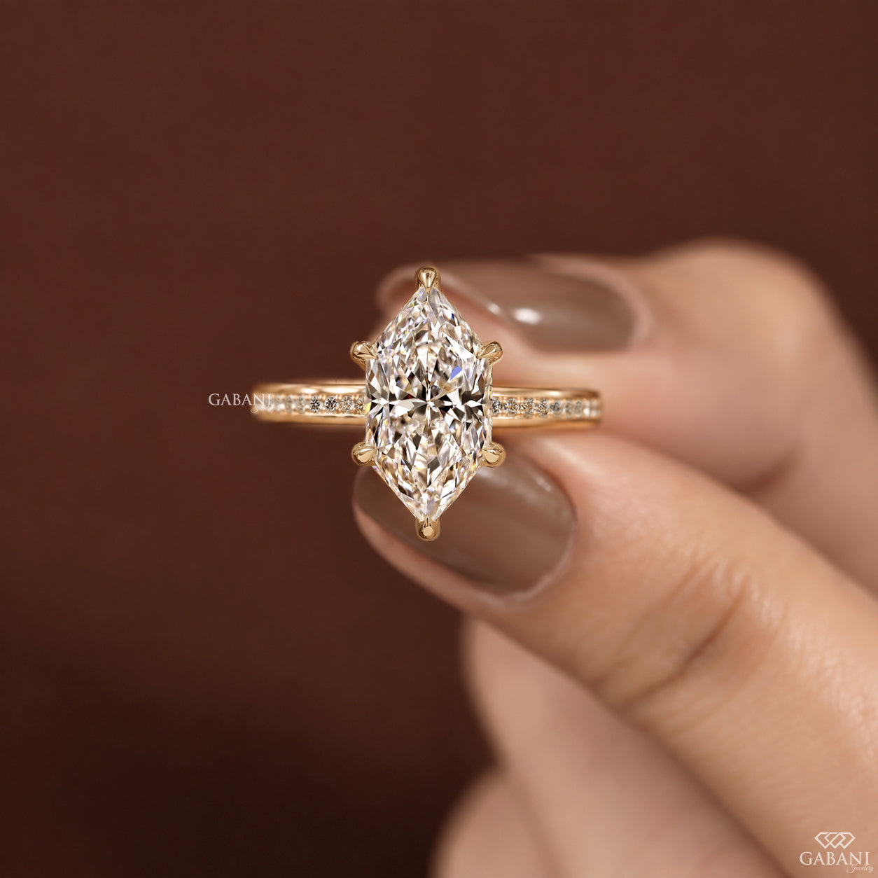 Marquise Cut Lab Grown Diamond Pavé Engagement Ring in Yellow Gold