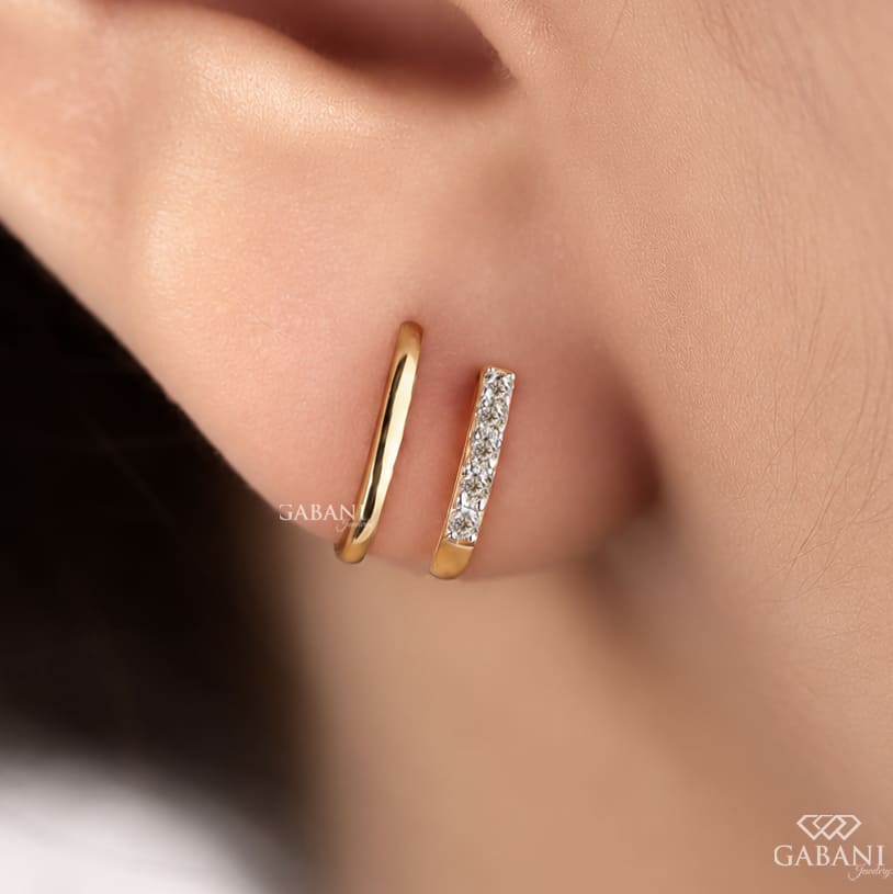 Round Lab Grown Diamond Open Hoop Earrings, Double Arm Screw Back Earrings