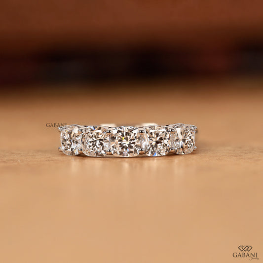 Cushion cut lab grown diamond five stone ring in white gold U prong setting