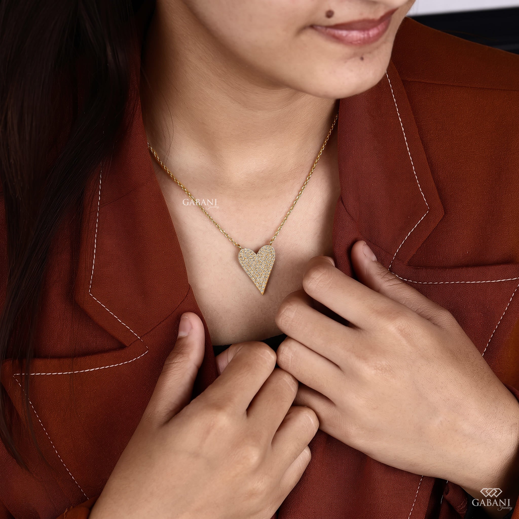 Heart Shape Lab Grown Diamond Pavé Necklace in 18K Yellow Gold