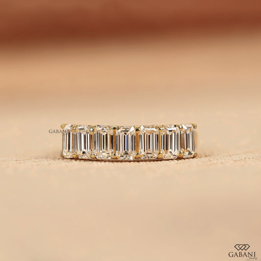 Emerald cut lab grown diamond 7 stone wedding band in solid yellow gold