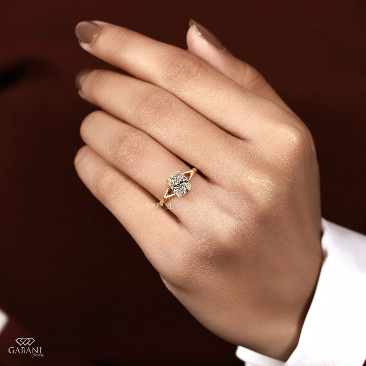 Cushion cut lab grown diamond engagement ring with modern split shank band design