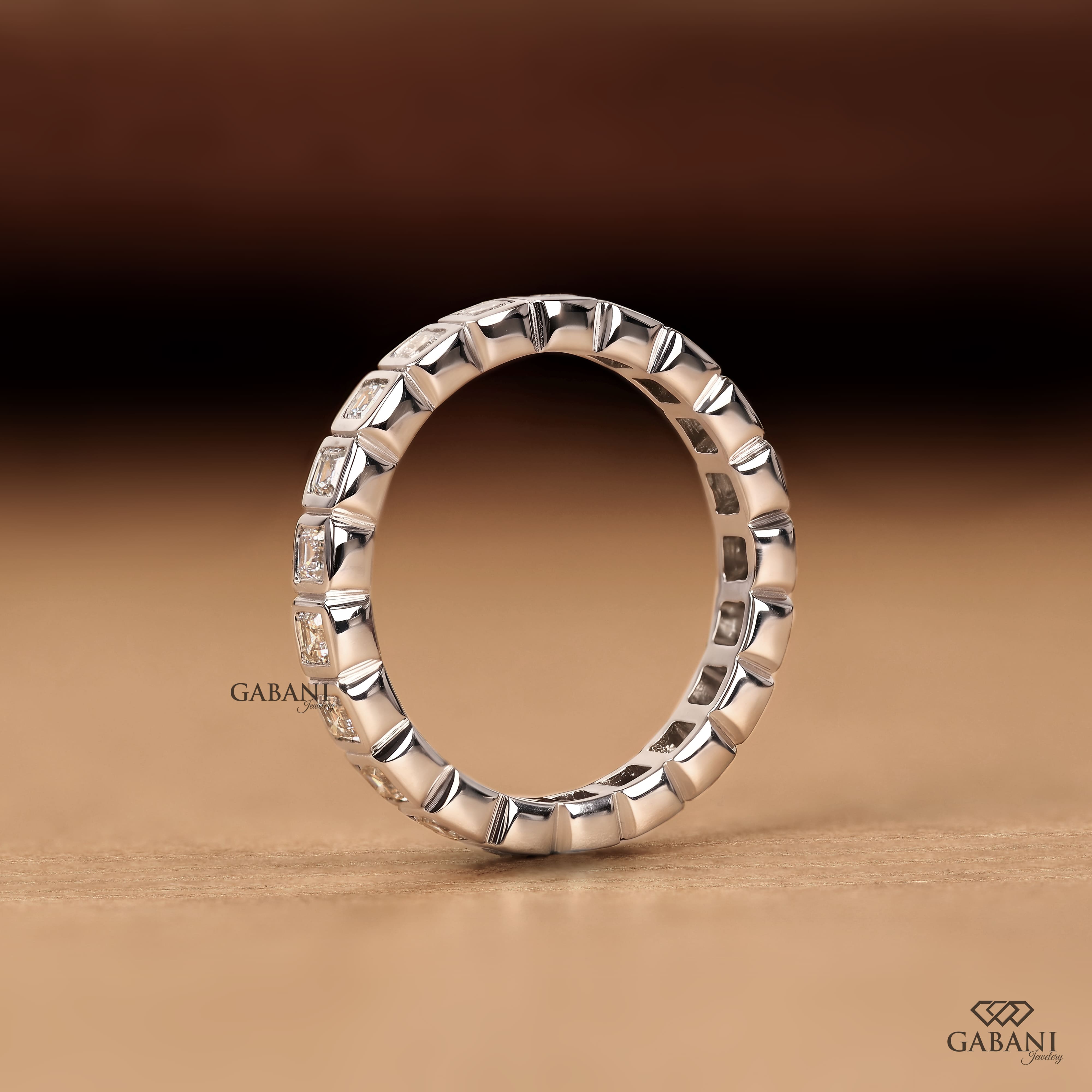Asscher cut lab grown diamond full eternity band in white gold with bezel set EF color VS1 clarity diamonds, designed as a wedding, anniversary, bridal, or stackable ring.