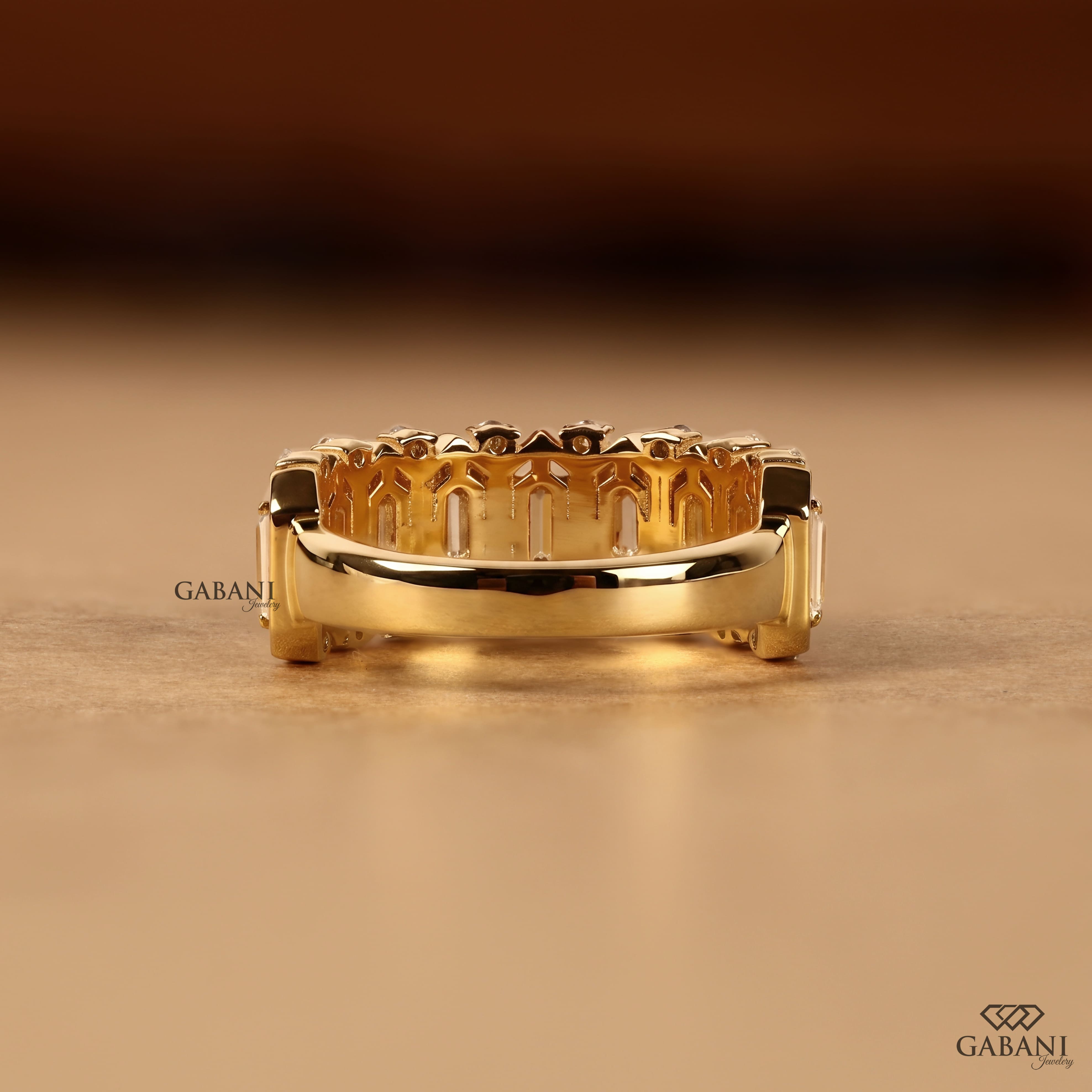 Emerald cut lab grown diamond wedding band in yellow gold with round diamond accents and a bold geometric design for bridal, anniversary, and statement wear.