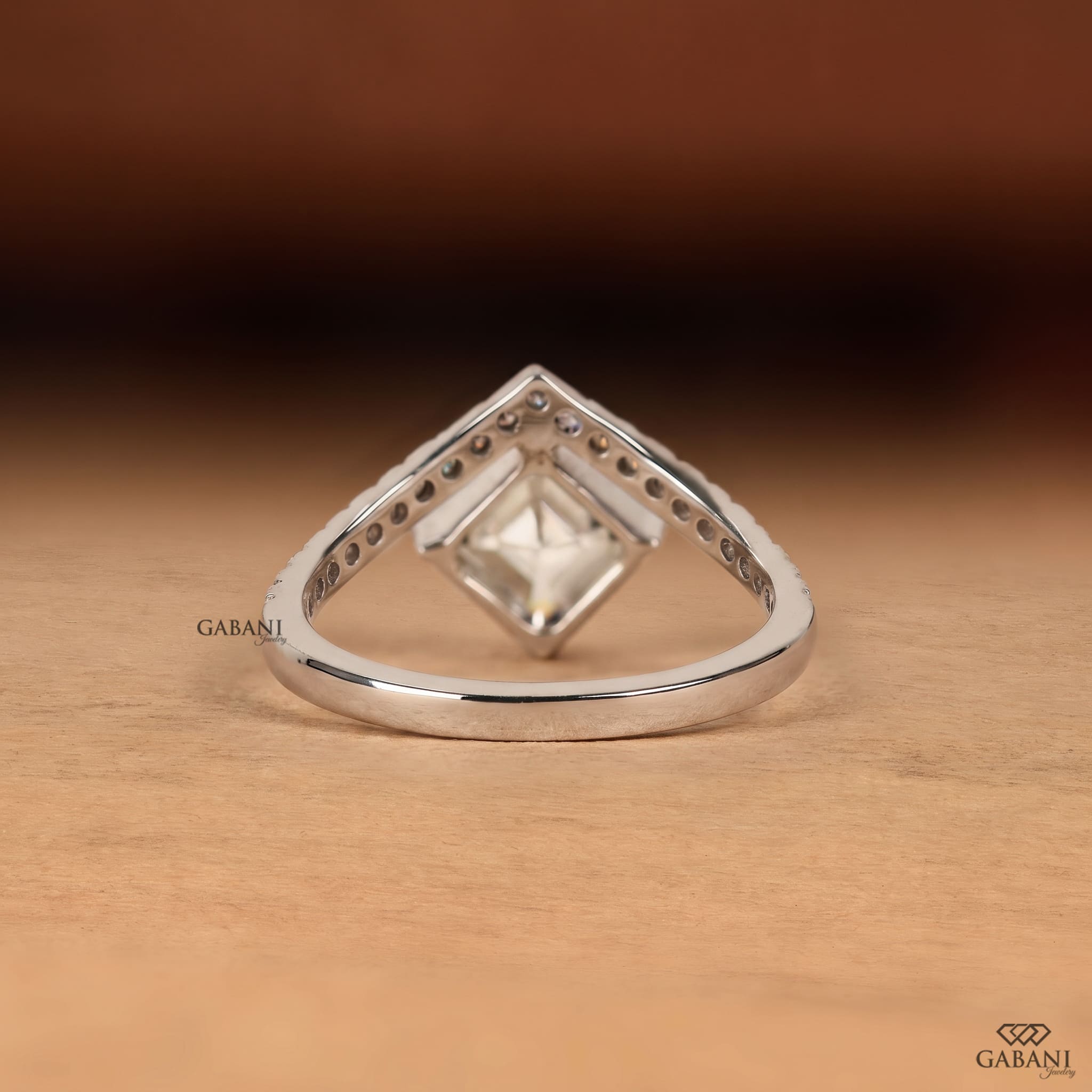 Princess cut lab grown diamond engagement ring in white gold with a kite set center stone and round pave diamond accents on a cathedral style band, designed for engagement, bridal, proposal, or anniversary wear.