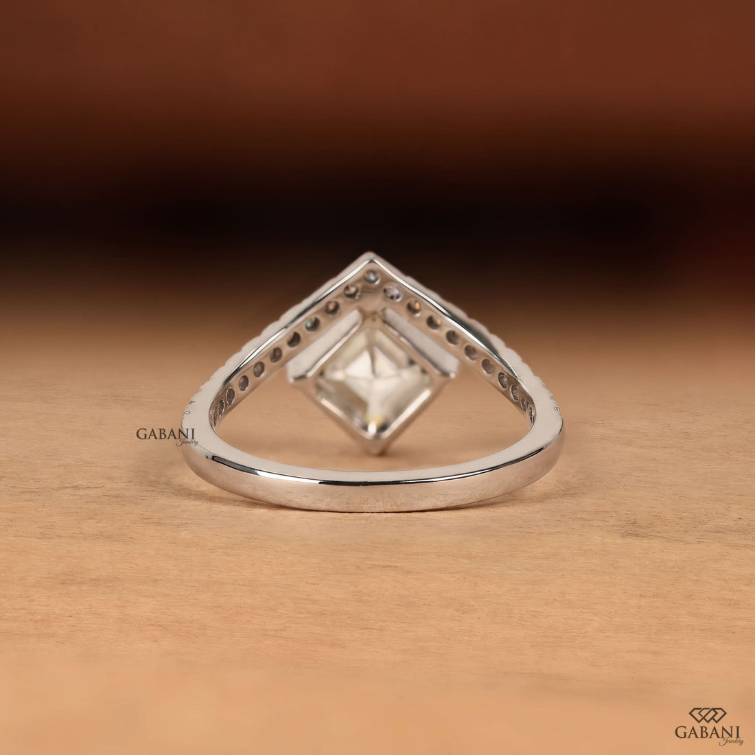 Princess cut lab grown diamond engagement ring in white gold with a kite set center stone and round pave diamond accents on a cathedral style band, designed for engagement, bridal, proposal, or anniversary wear.