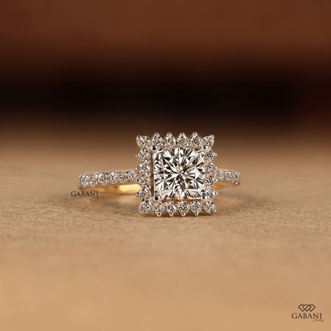 Cushion cut lab grown diamond floral halo engagement ring with round diamond pavé setting in 14K gold