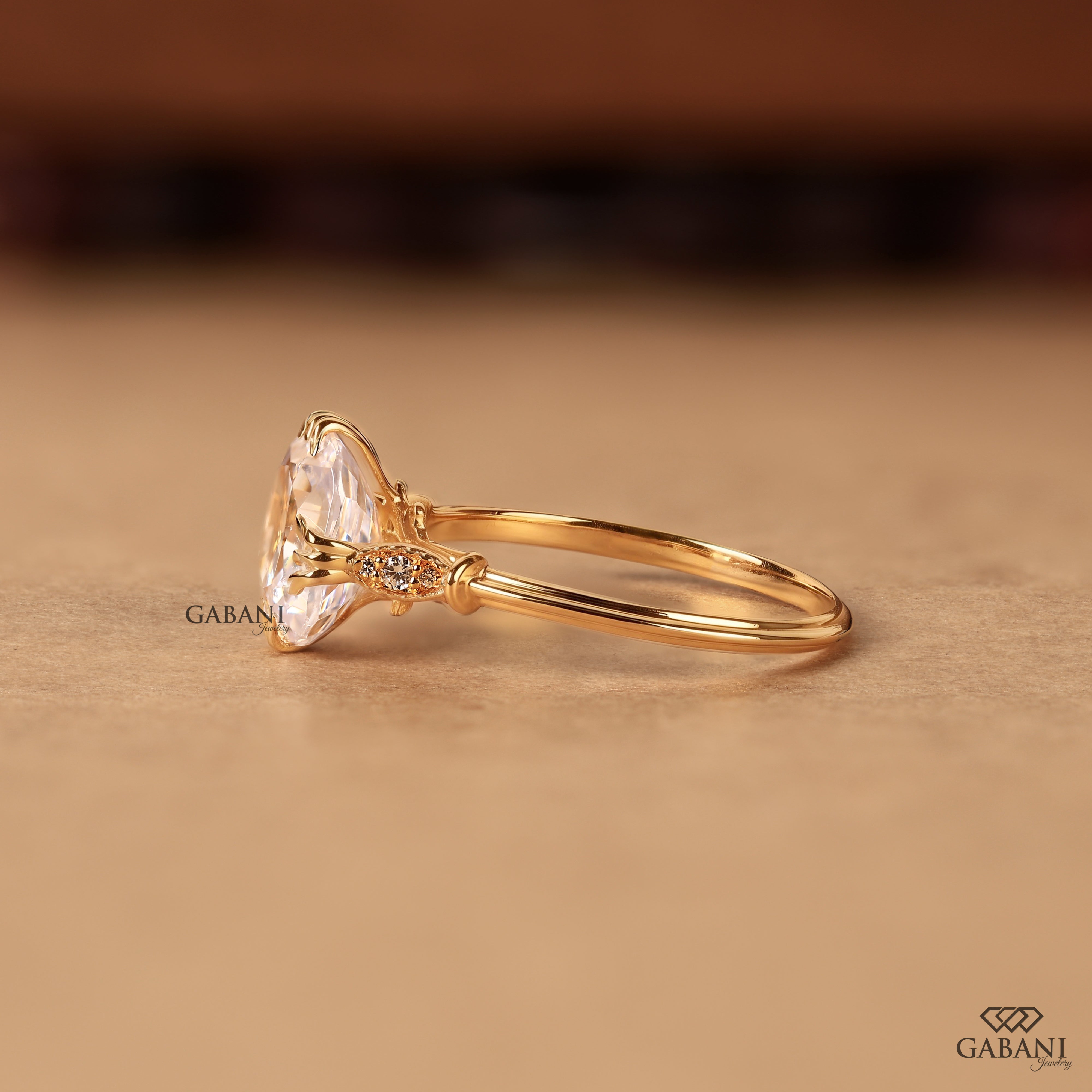 Cushion cut diamond ring with lab grown center and decorative band