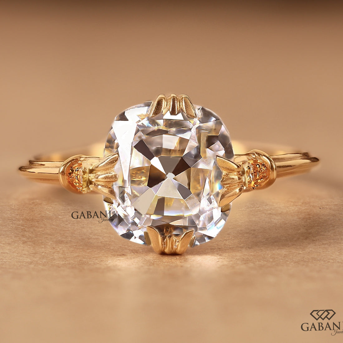 Cushion cut lab grown diamond engagement ring with detailed band