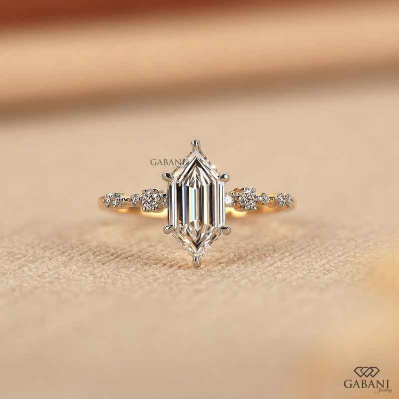 Elongated Hexagon Cut Lab Grown Diamond Engagement Ring with Round Diamond Accents