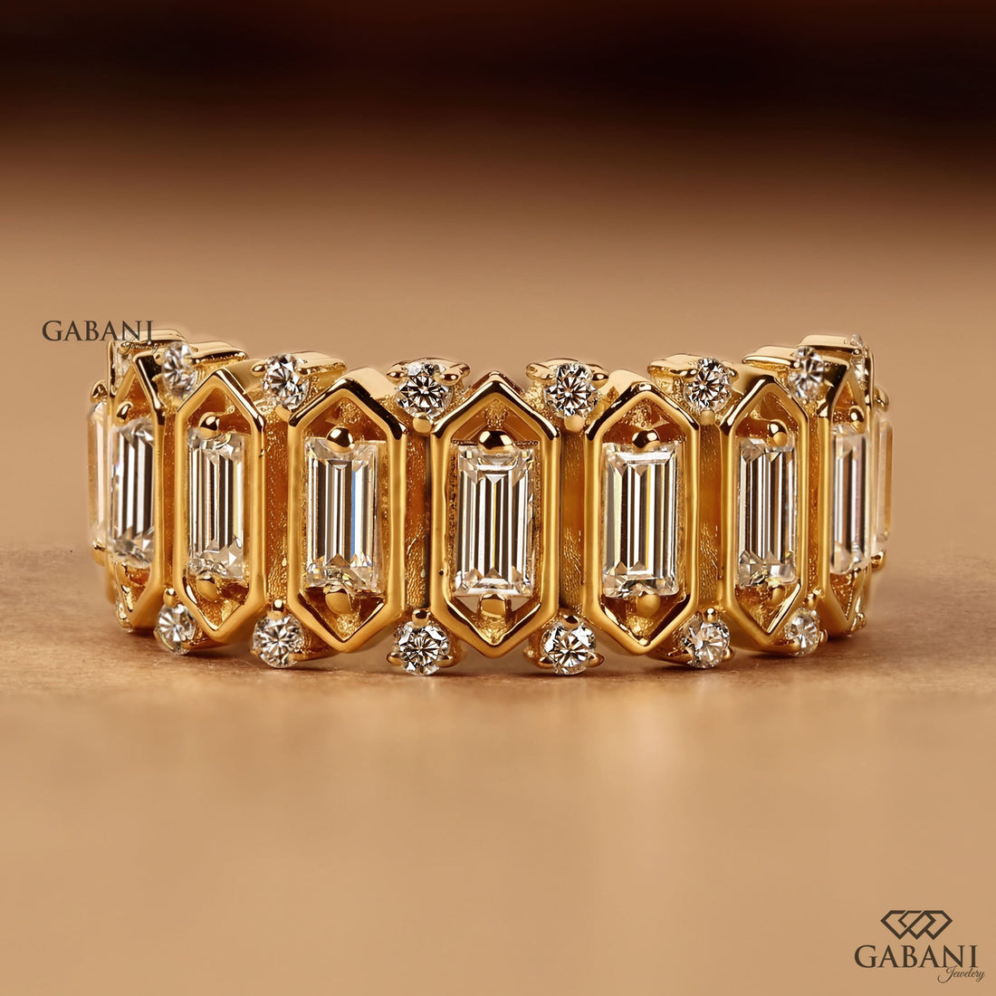 Emerald cut lab grown diamond wedding band in yellow gold with round diamond accents and a bold geometric design for bridal, anniversary, and statement wear.