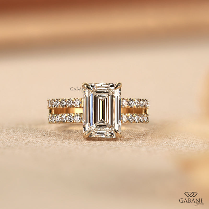 Emerald Cut Lab Diamond Double Row Pavé Ring