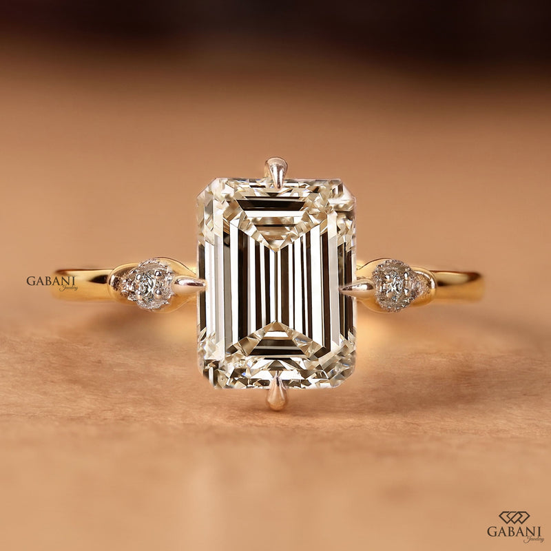 Emerald Cut Lab Grown Diamond Engagement Ring with Side Stones