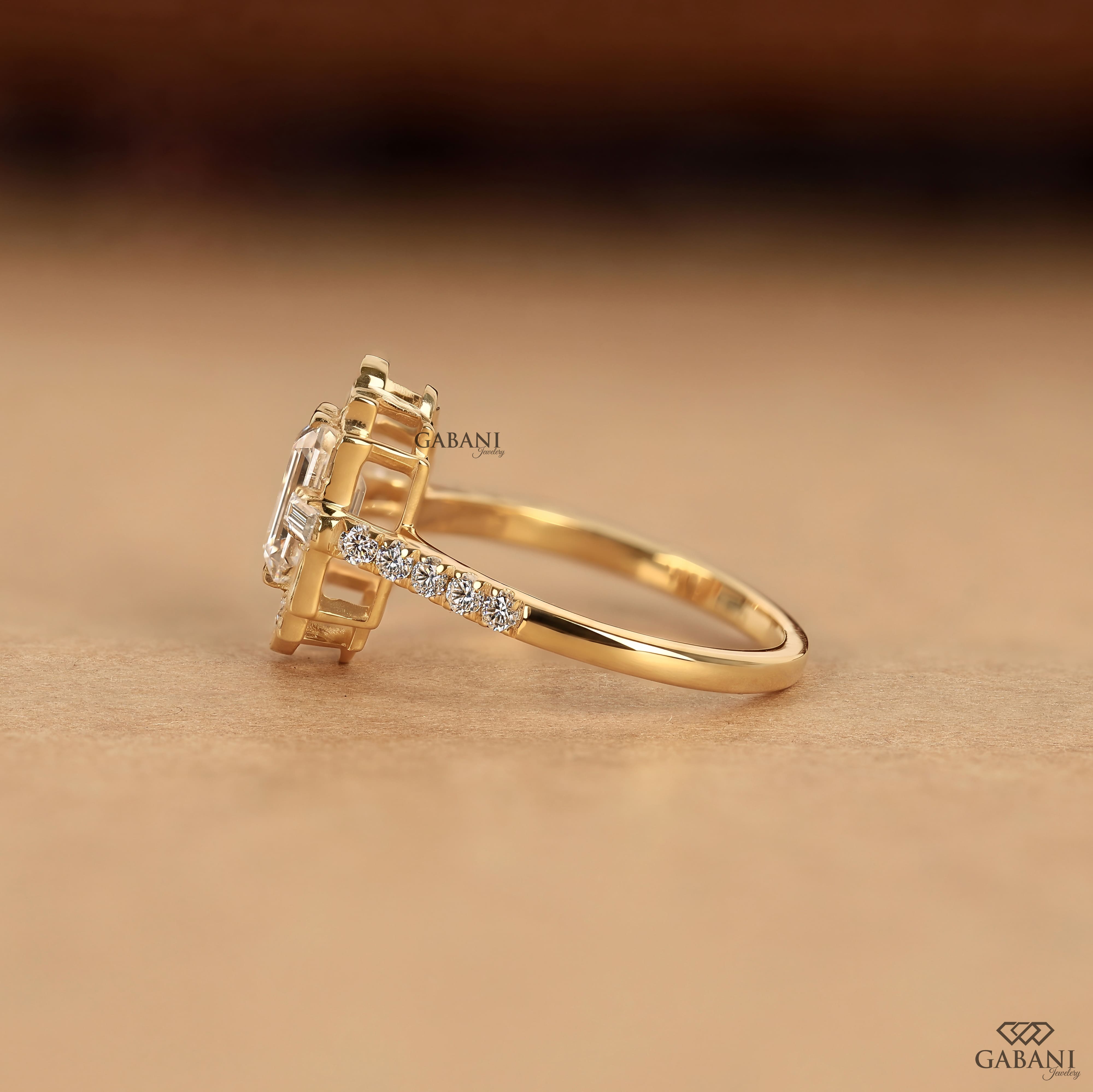 Emerald cut lab grown diamond Art Deco engagement ring with baguette and round diamond accents in gold setting