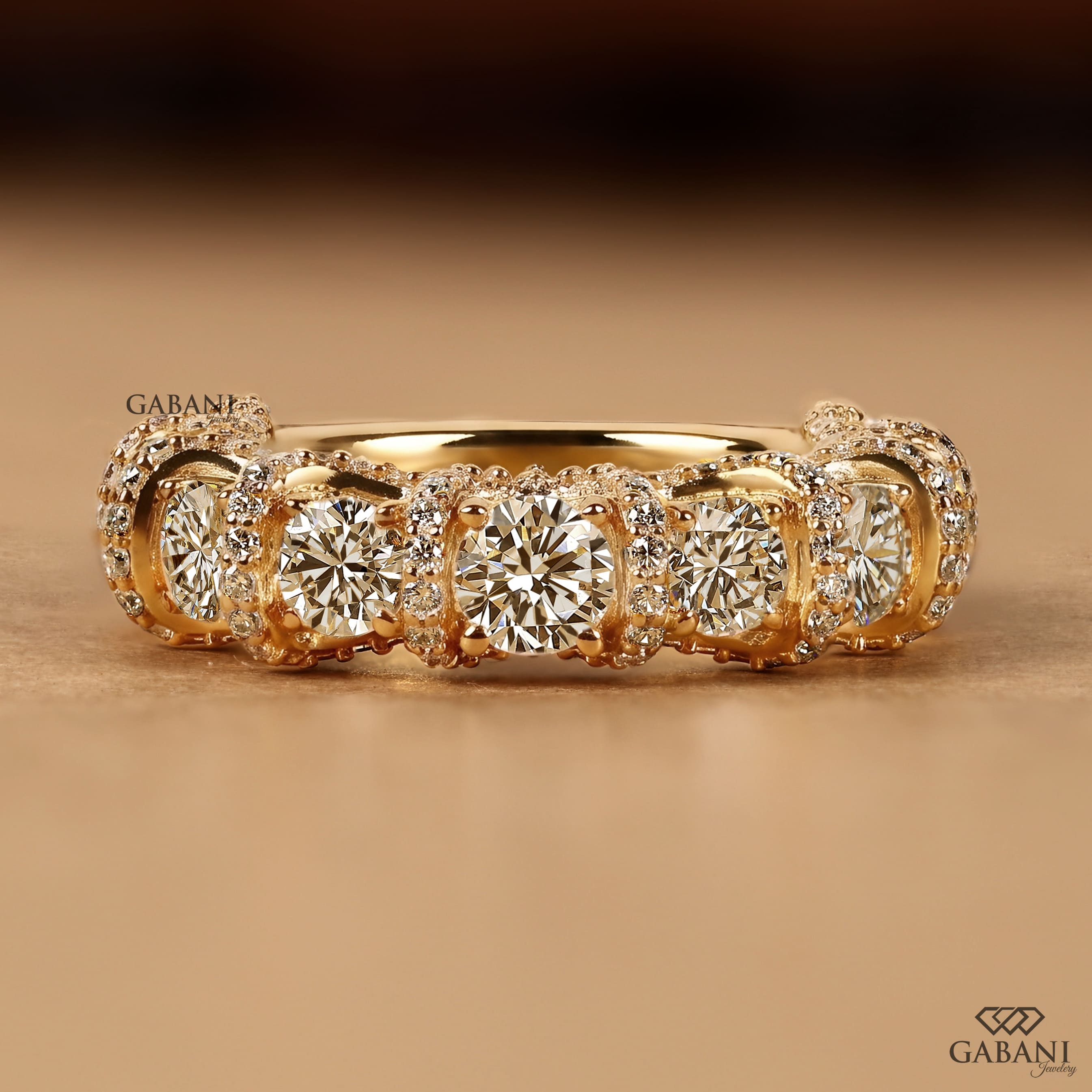 Five stone round cut lab grown diamond wedding band in yellow gold with diamond accent setting, designed for bridal, anniversary and stackable wear.