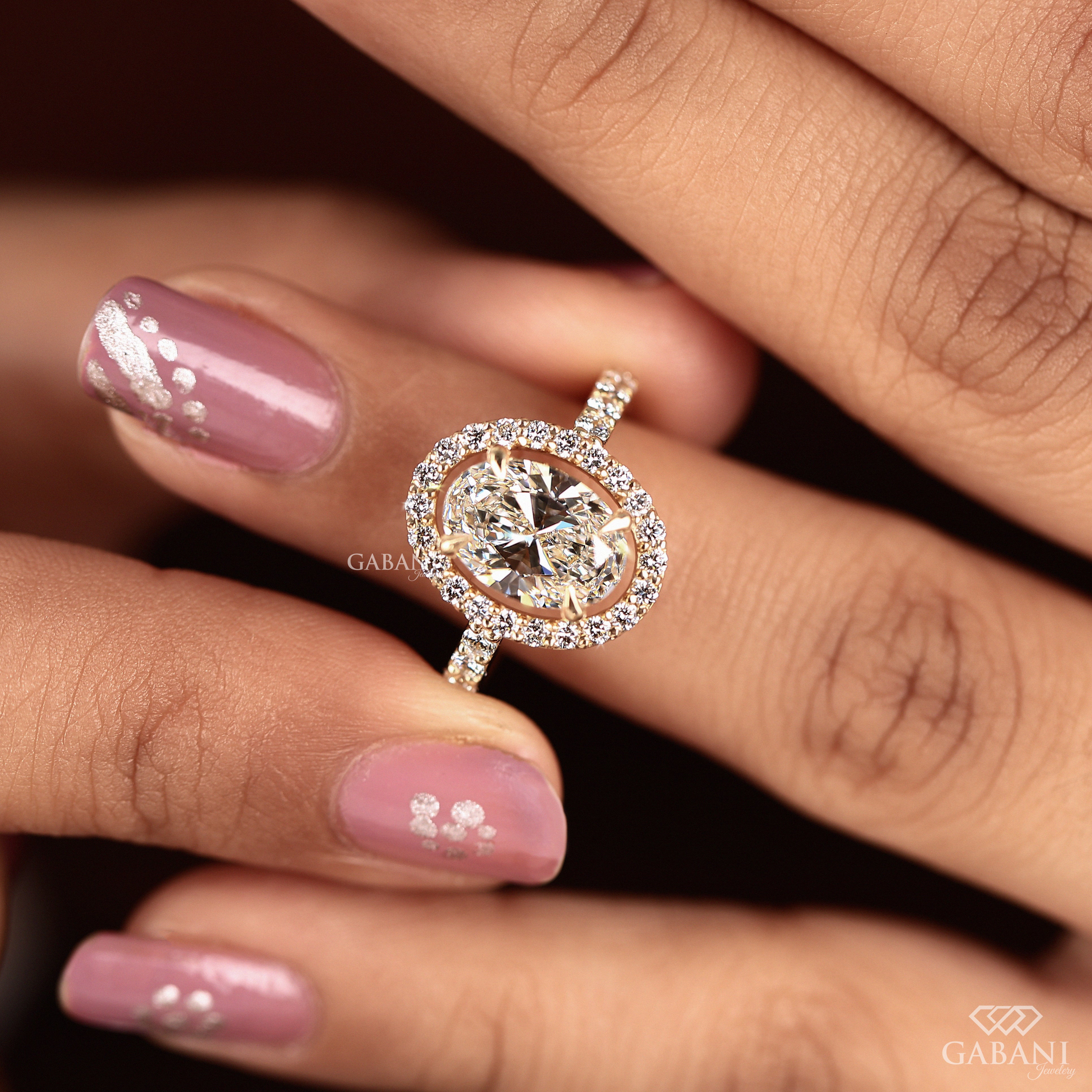 Oval cut lab grown diamond halo engagement ring with pave diamond band, IGI certified EF color VS1 clarity, yellow gold bridal ring.