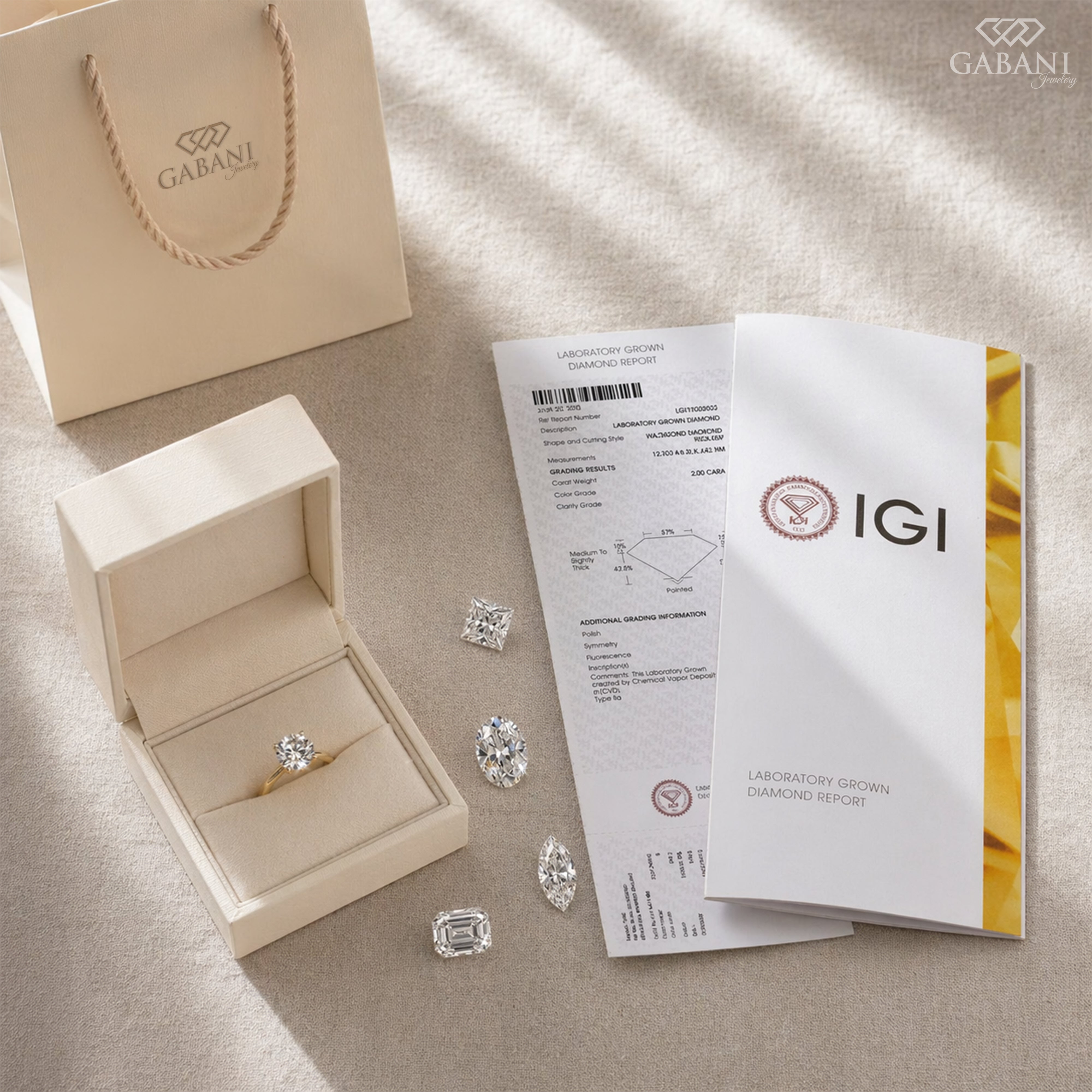 Diamonds in an open jewelry box with IGI and Gabani documents on a textured surface
