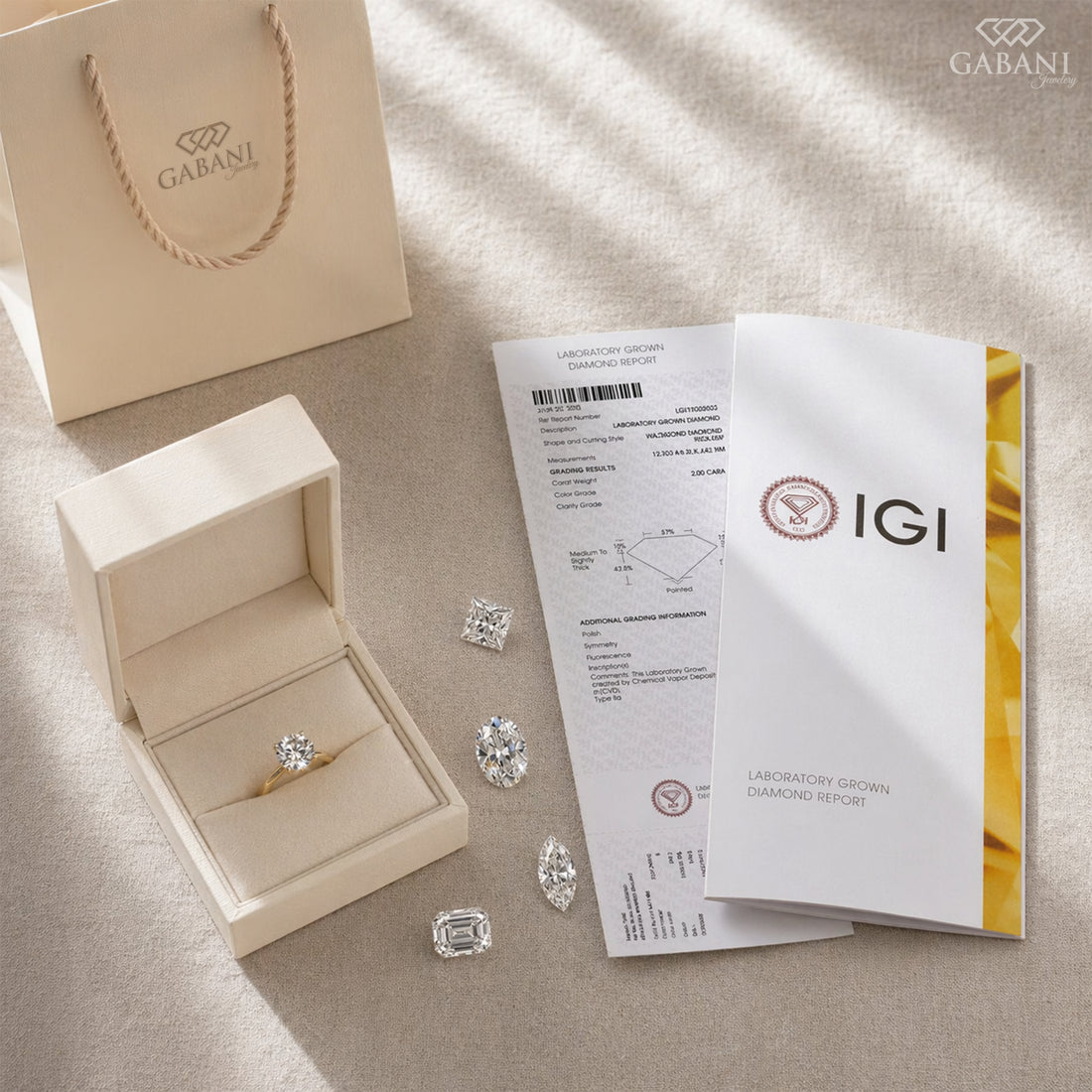 Diamonds in an open jewelry box with IGI and Gabani documents on a textured surface